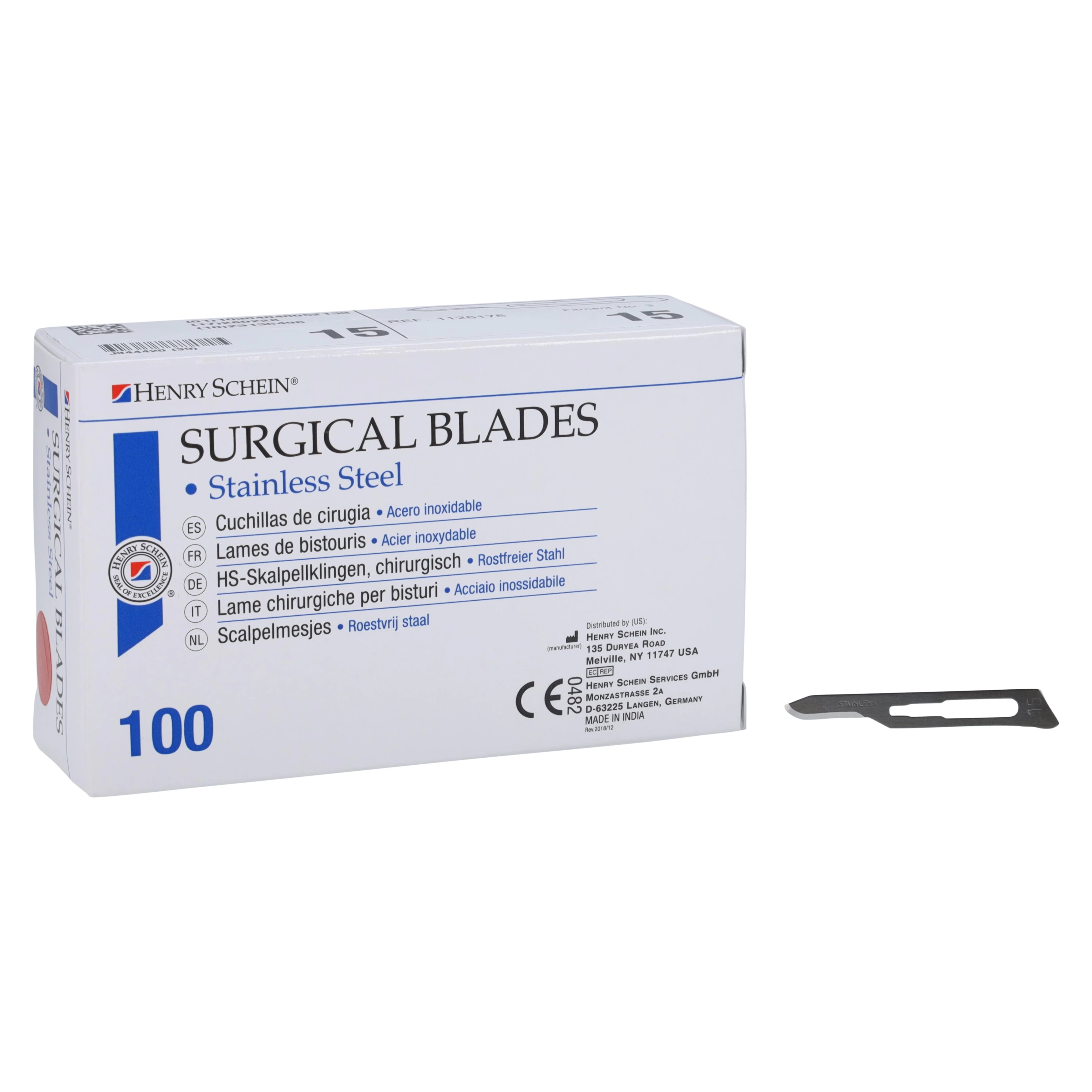 Henry Schein Stainless Steel Sterile Surgical Blade #15, 100/Box