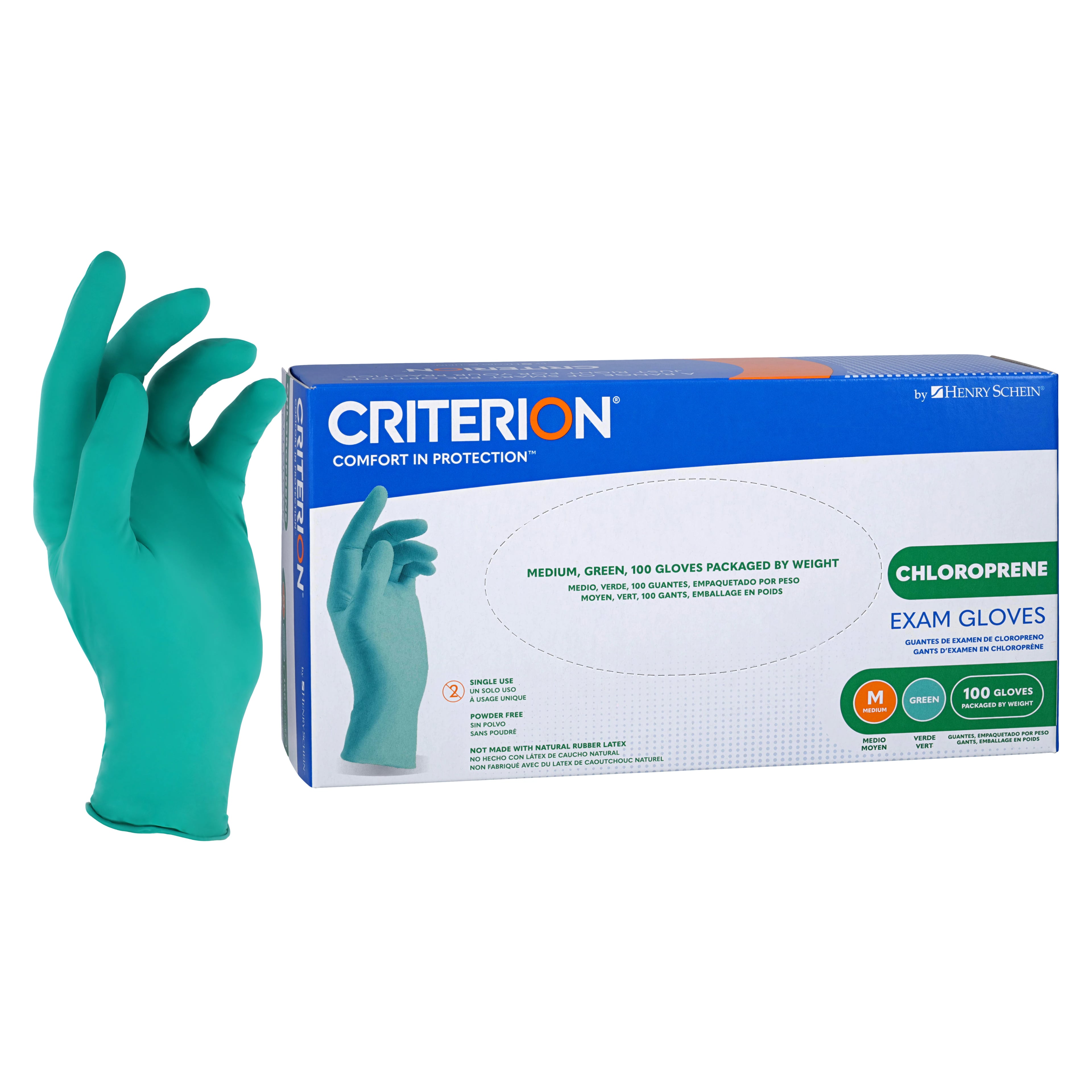 Criterion Chloroprene Exam Gloves, Medium, Green, Non-Sterile, 100/Box