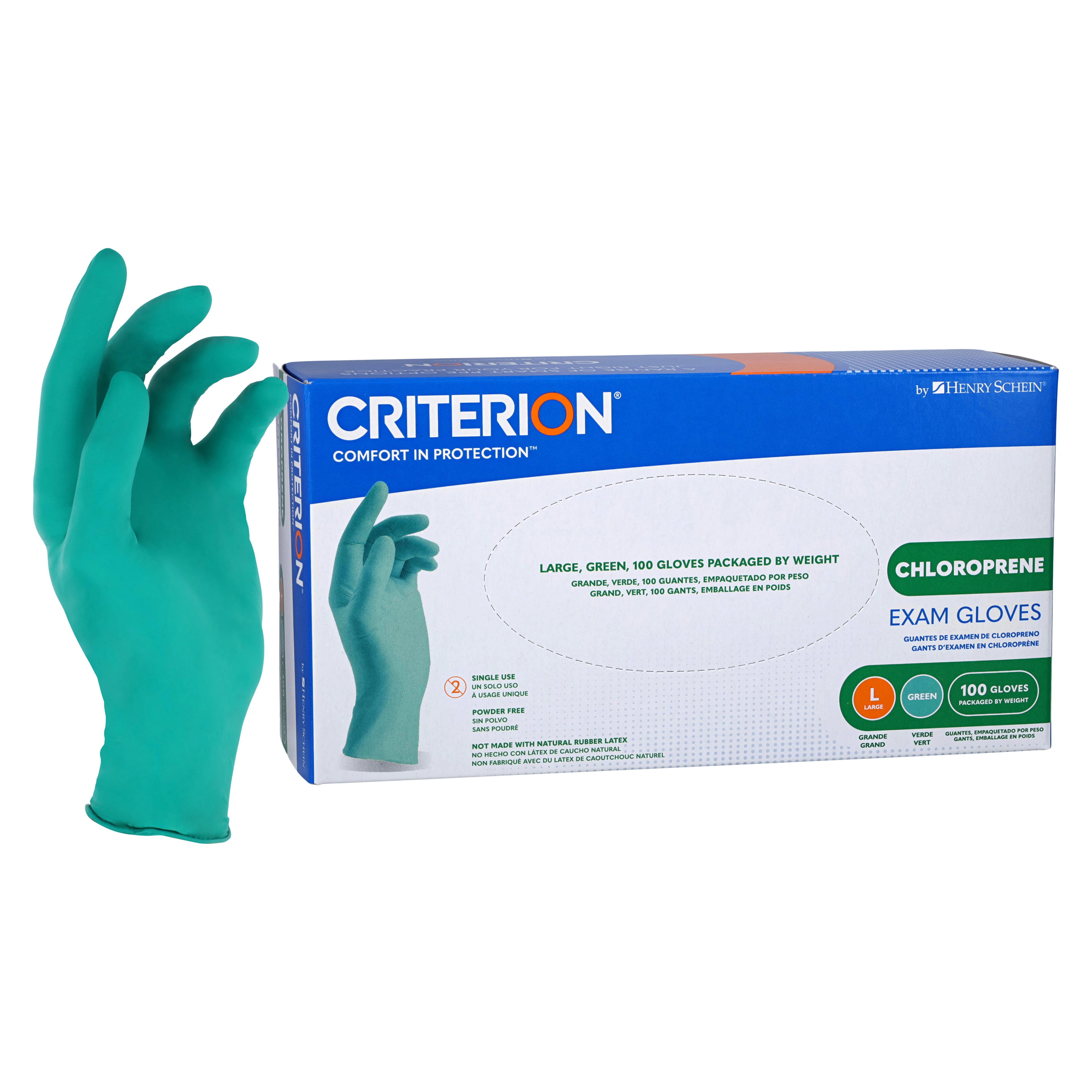 Criterion Chloroprene Exam Gloves, Large, Green, Non-Sterile, 100/Box