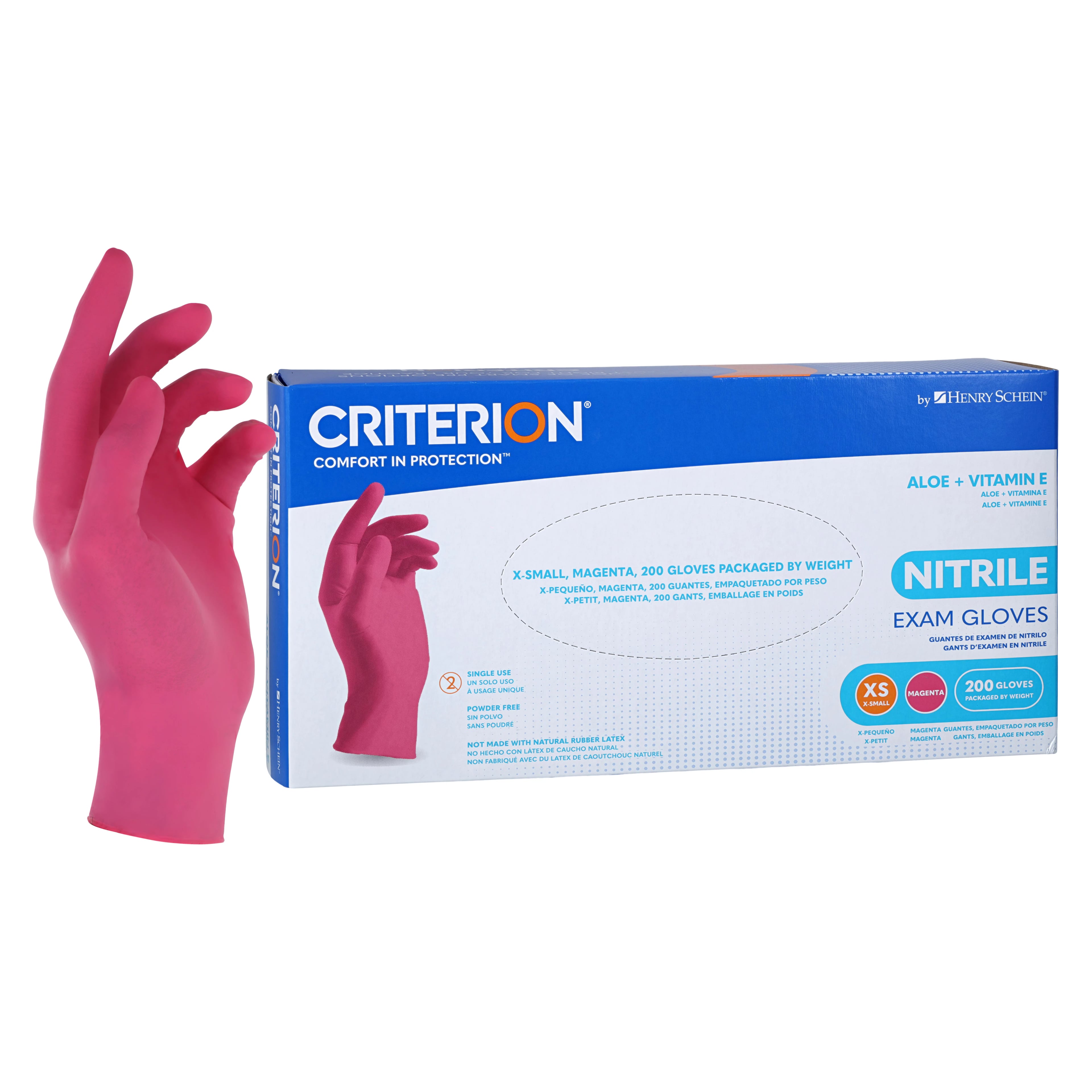 Criterion Nitrile Exam Aloe + Vitamin E Gloves, X-Small, Magenta Pink, Non-Sterile, 200/Box