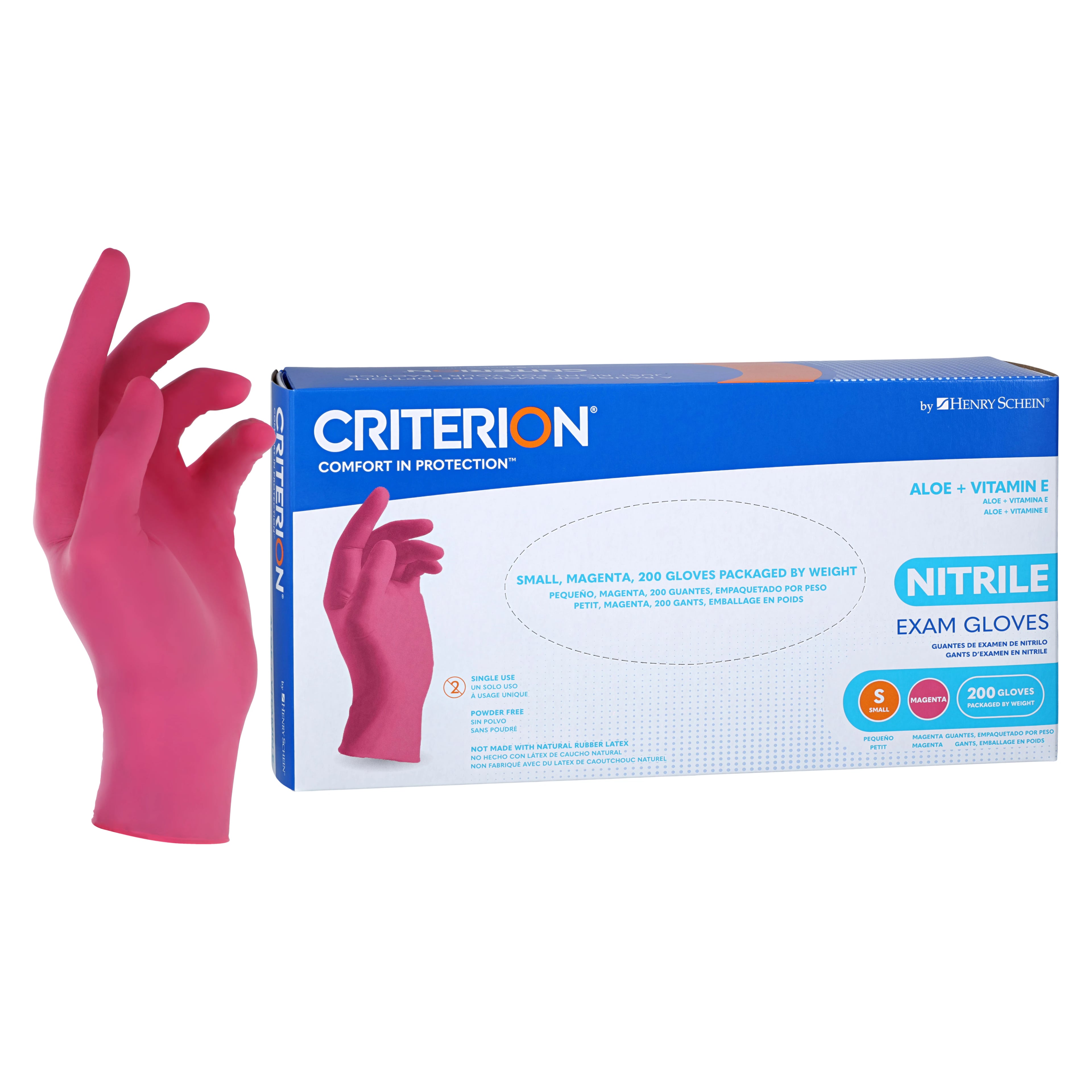 Criterion Nitrile Exam Aloe + Vitamin E Gloves, Small, Magenta Pink, Non-Sterile, 200/Box
