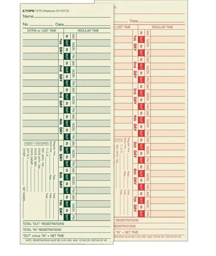 Tops Business Forms Time Clock Card Bi-Weekly, Numbered Days, 2-Sided, 9 x 3.5 in, 500/Box