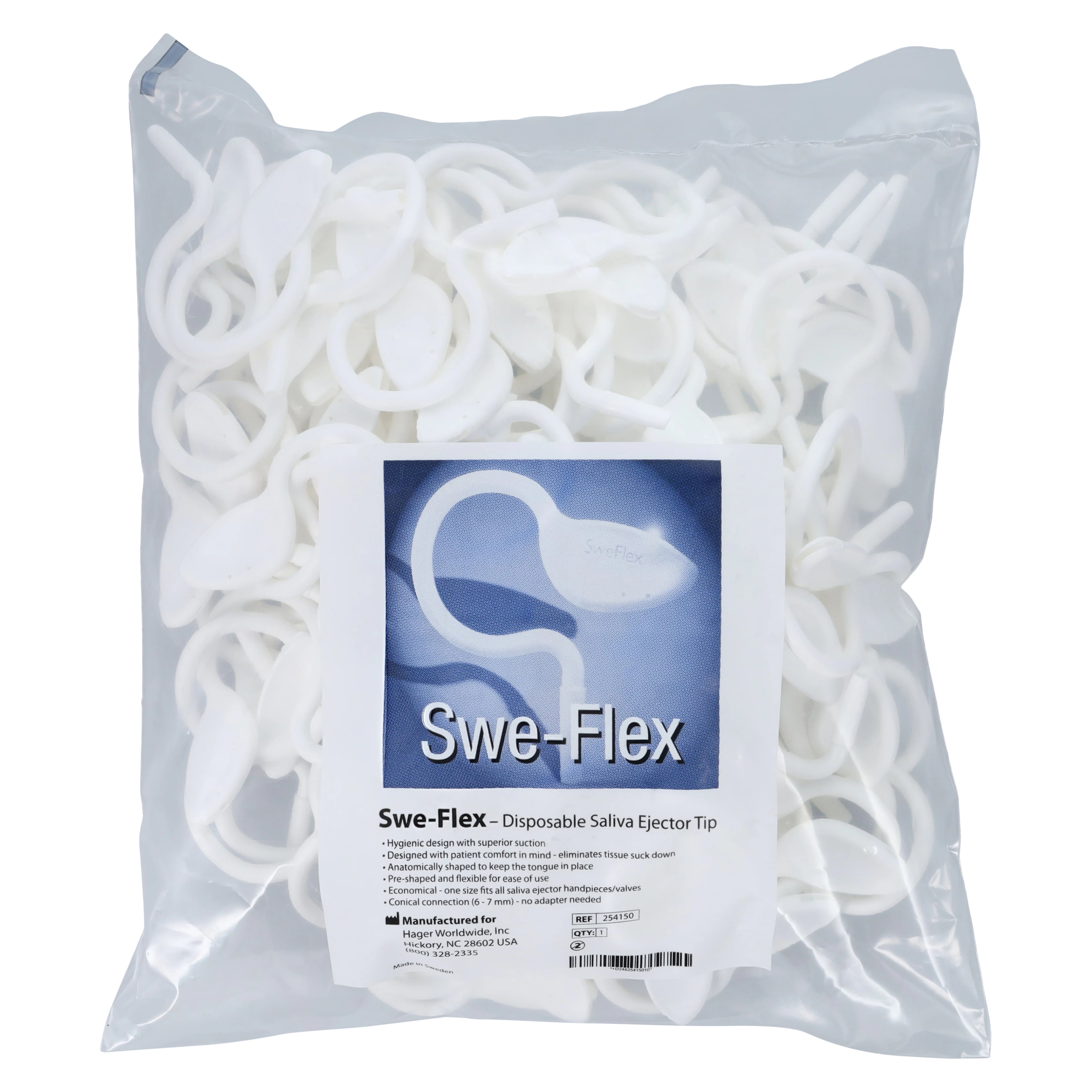 SweFlex Disposable Saliva Ejector Tips, Plastic, White, Anatomical Design, 100/Pk, 254150