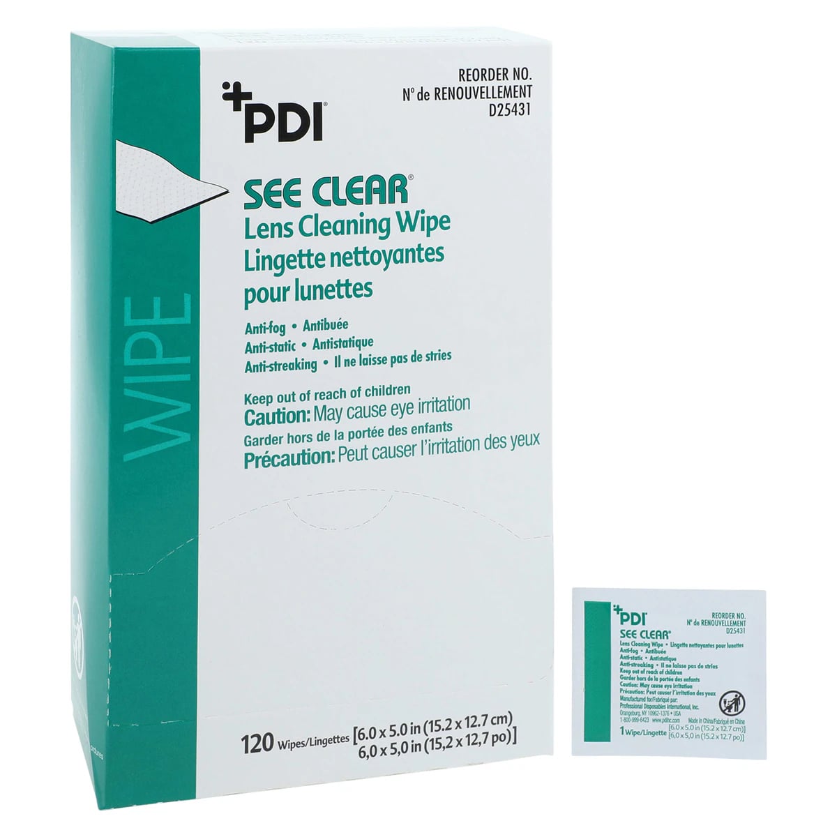 PDI See Clear Lens Cleaning Wipes, 6" x 5", 120 Individually Wrapped Wipes per Box, D25431