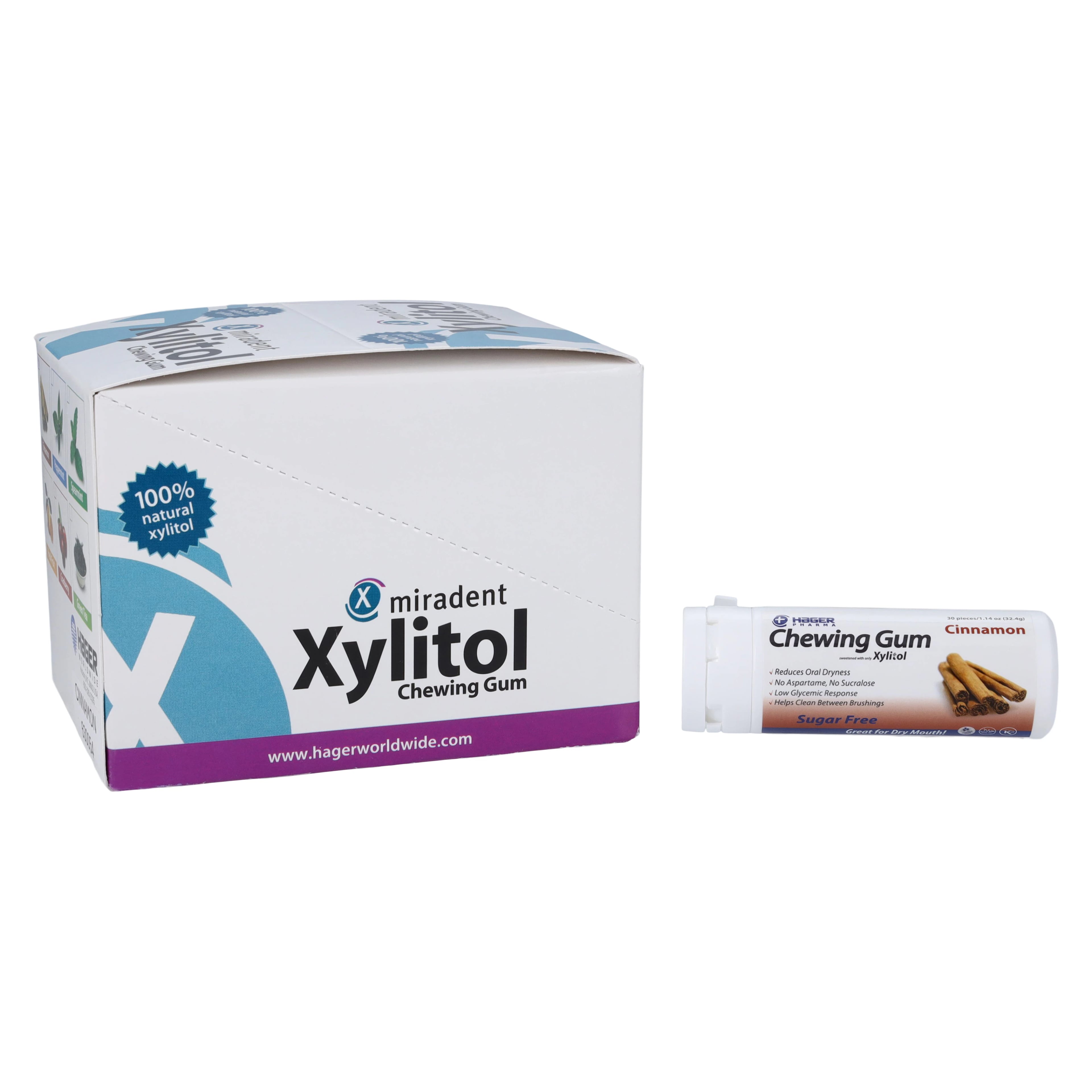 Miradent Xylitol Gum, Cinnamon, 30 Pieces per Tube, 12 Tubes per Box