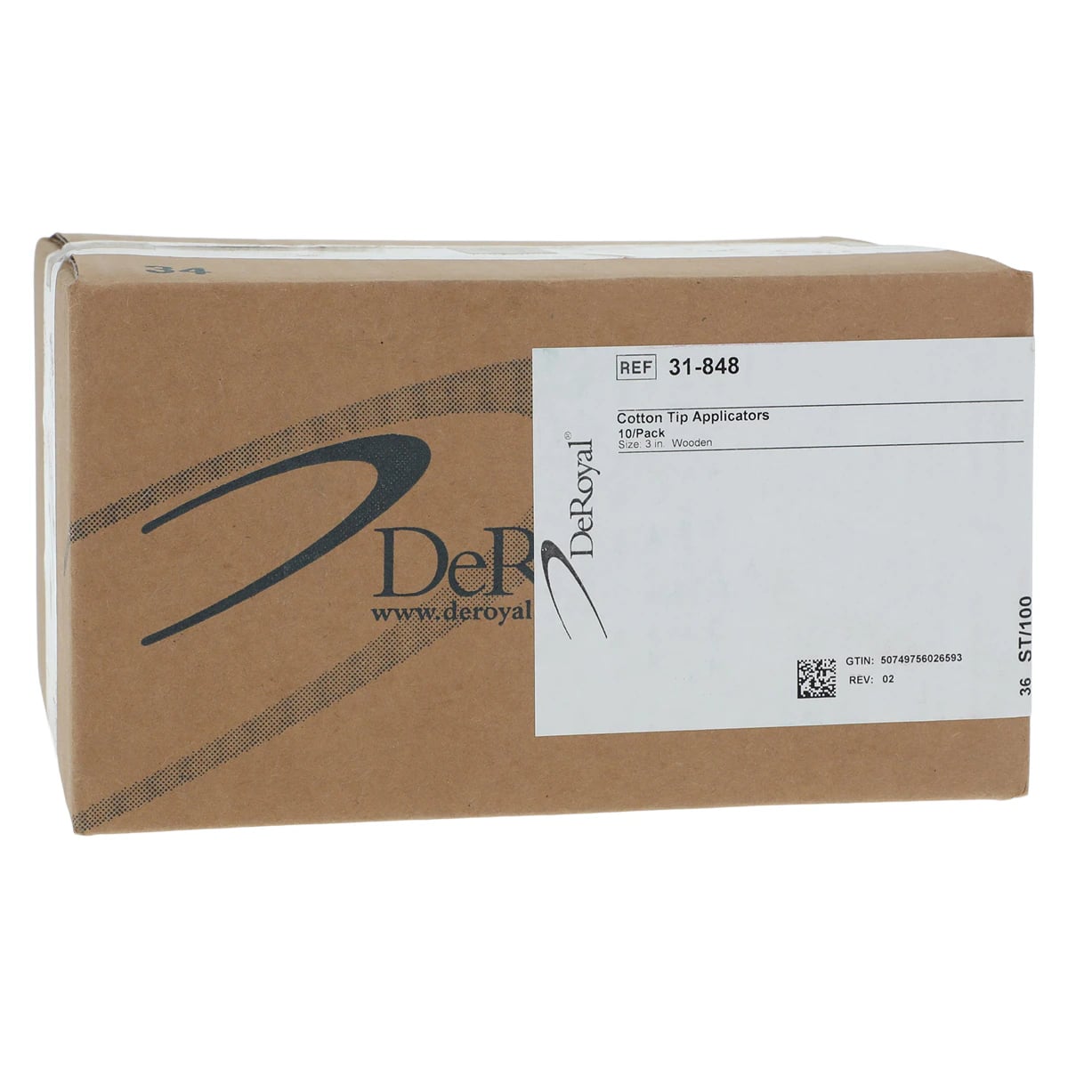 Deroyal Applicator Cotton Tip Wood Shaft, Standard, 3 in, Sterile, 250/Case