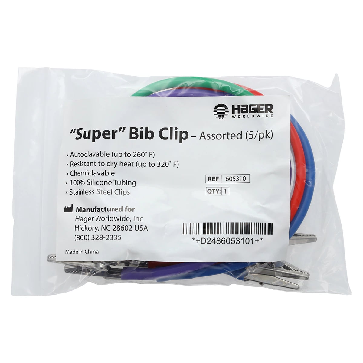 Hager Worldwide Super Bib Clips, Assorted Colors, 5/Pk, 605310