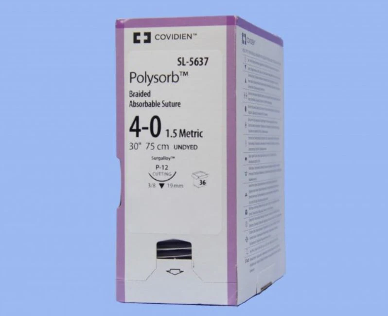 Medtronic Polysorb Absorbable Suture, 4-0, 30", P-12 Premium Reverse Cutting 3/8 Circle Needle 19mm, Coated Undyed, 36/Case