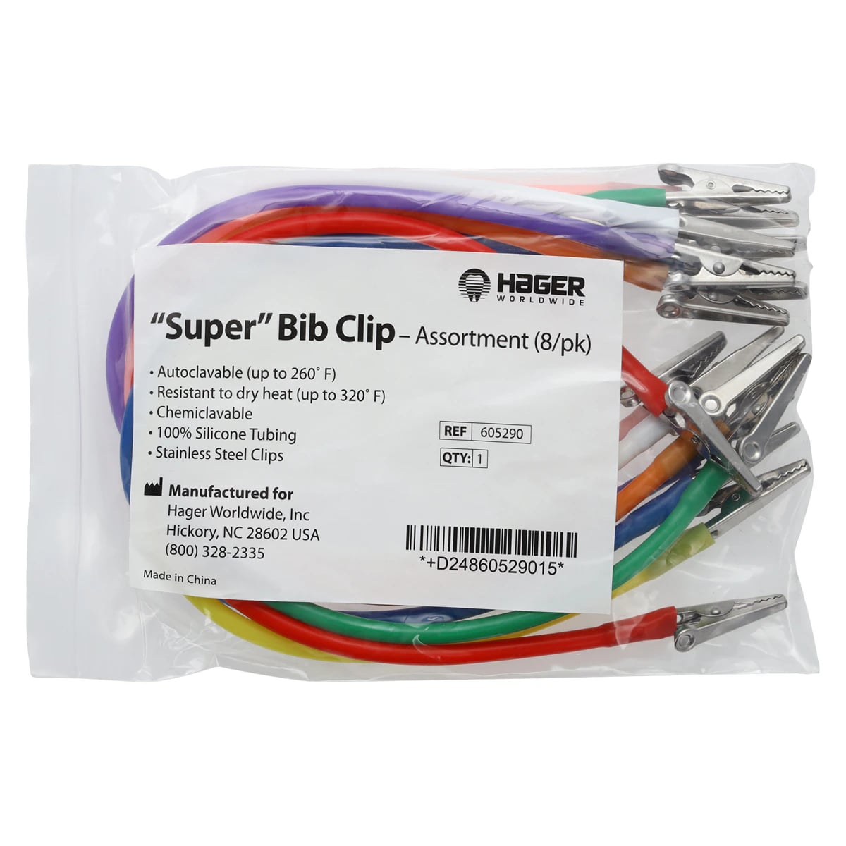 Super Bib Clips, Silicone Cord, Assorted Colors, 14", Autoclavable, 8/Pk, 605290