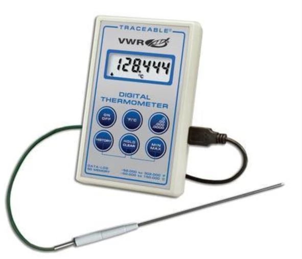 Control Company Traceable Datalogger Thermometer, Digital, -40 to 150°C, Stainless Steel Probe, Min/Max Memory, LCD Display