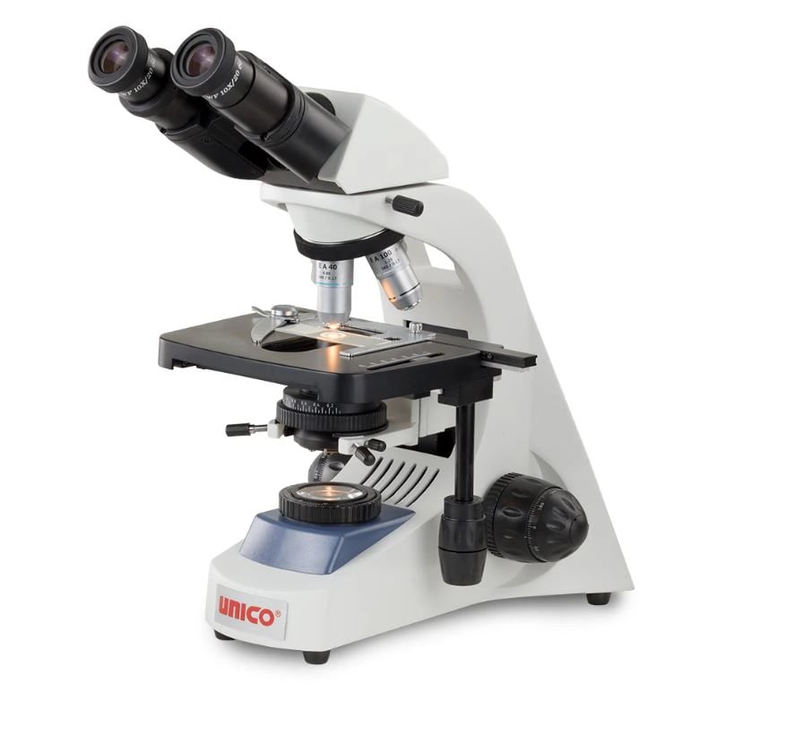 Unico Binocular Microscope, Infinity-Corrected, 4x/10x/40x/100x Achromat Objectives, 6V Halogen Illumination