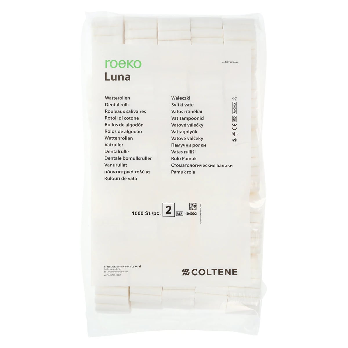 Roeko Luna Cotton Rolls #2, 1.5" x 3/8", Non-Sterile, 1000/Bag, 104002