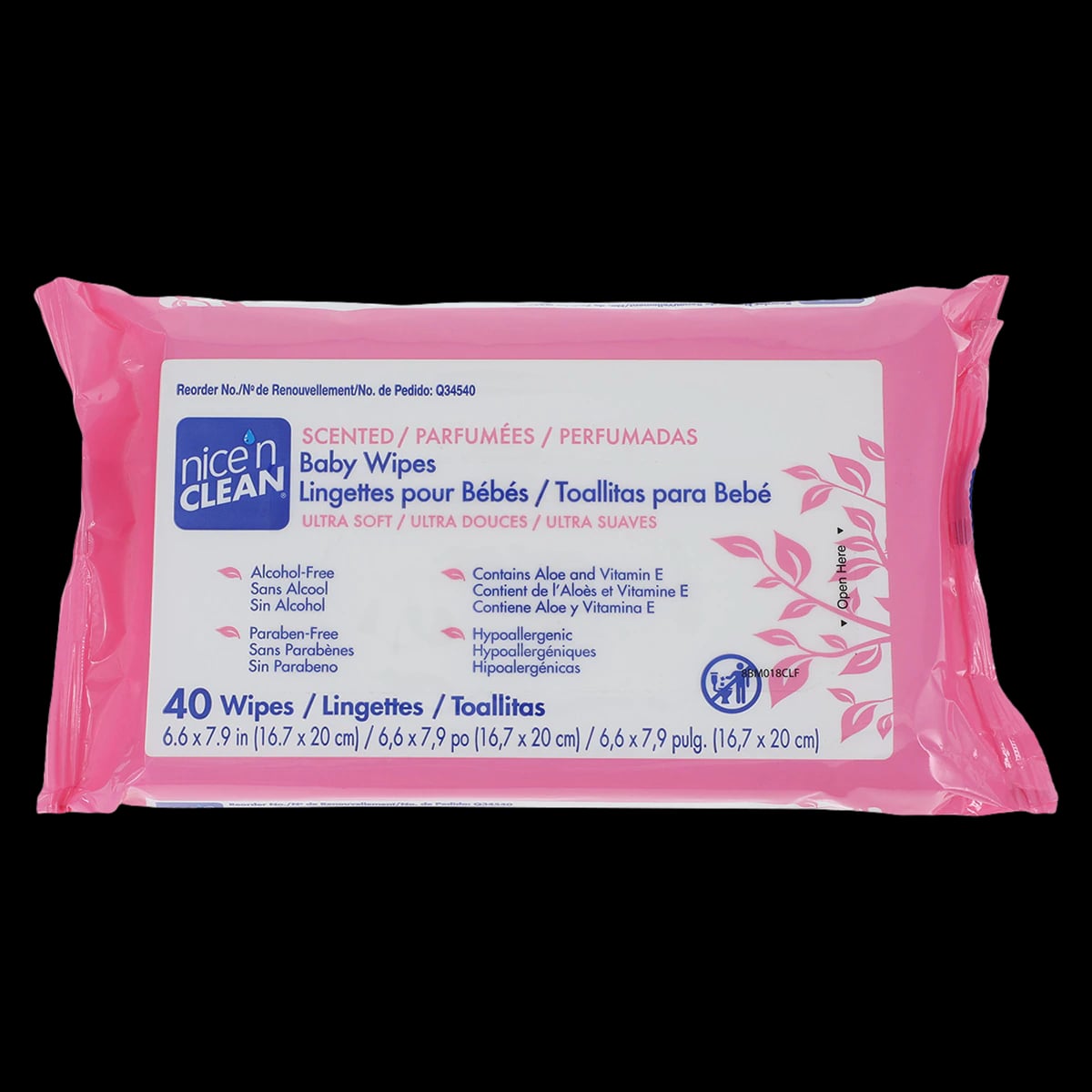 PDI Nice-N-Clean Baby Wipes, Scented, Aloe & Vitamin E, 7.9" x 6.6", 40/Box, Q34540