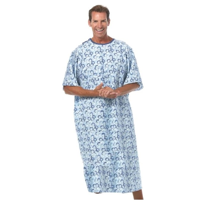 Fashion Seal Patient Gown, Adult Unisex One Size, Blue Optics, Polyester/Cotton Sheeting, 51 in, X-Large Telemetry Pocket, Snap Short In-Sleeves, Each