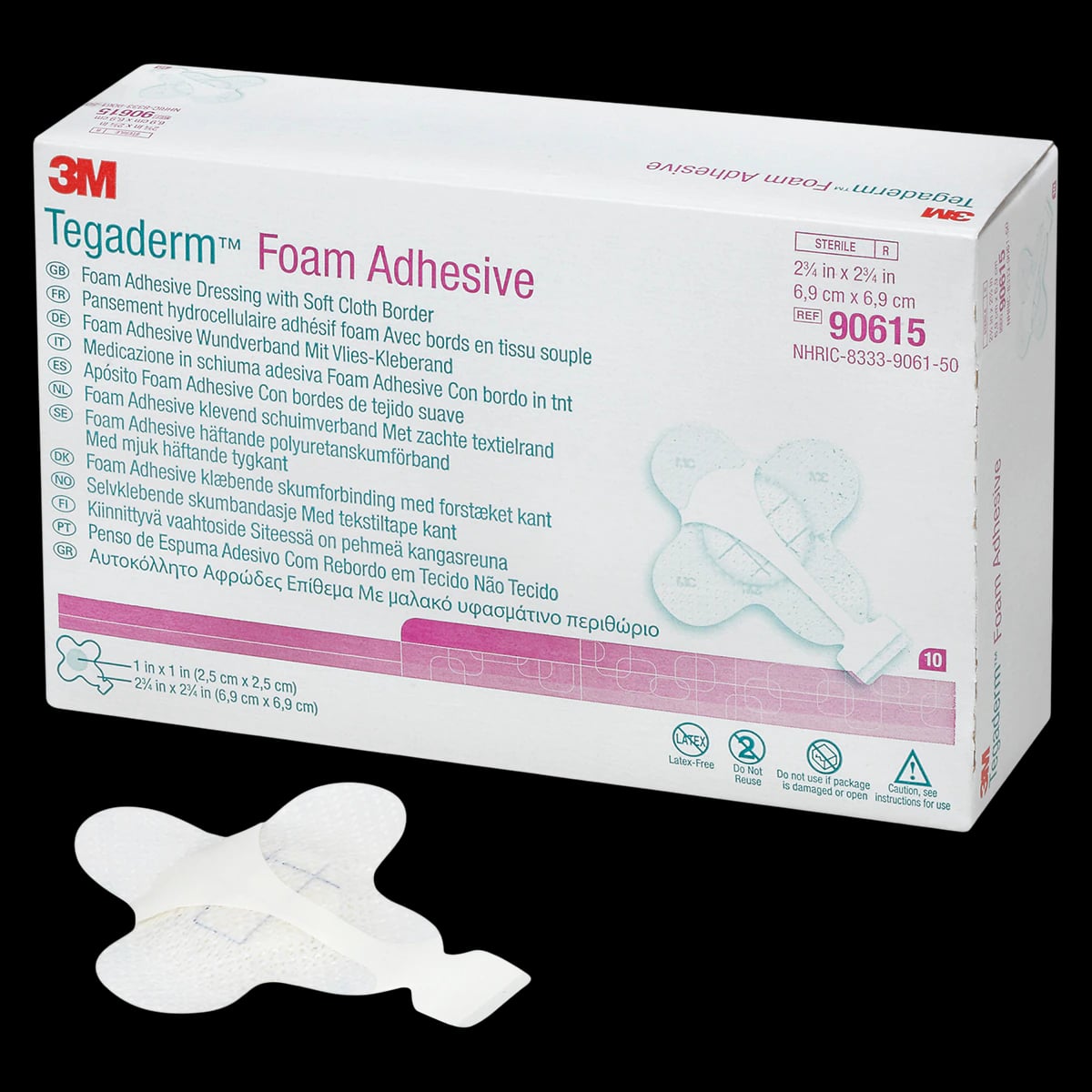 3M Tegaderm Foam Dressing, Sterile, 2-3/4 x 2-3/4 in, Adherent Adhesive, Absorbent, Latex-Free