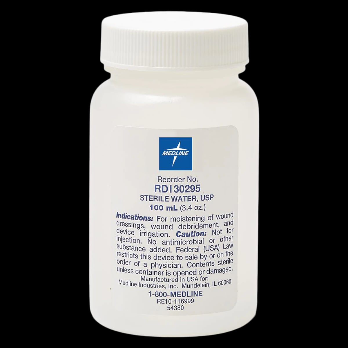 Medline Sterile Water for Irrigation, 100 mL Plastic Pour Bottle, USP, Latex-Free, 48/Case