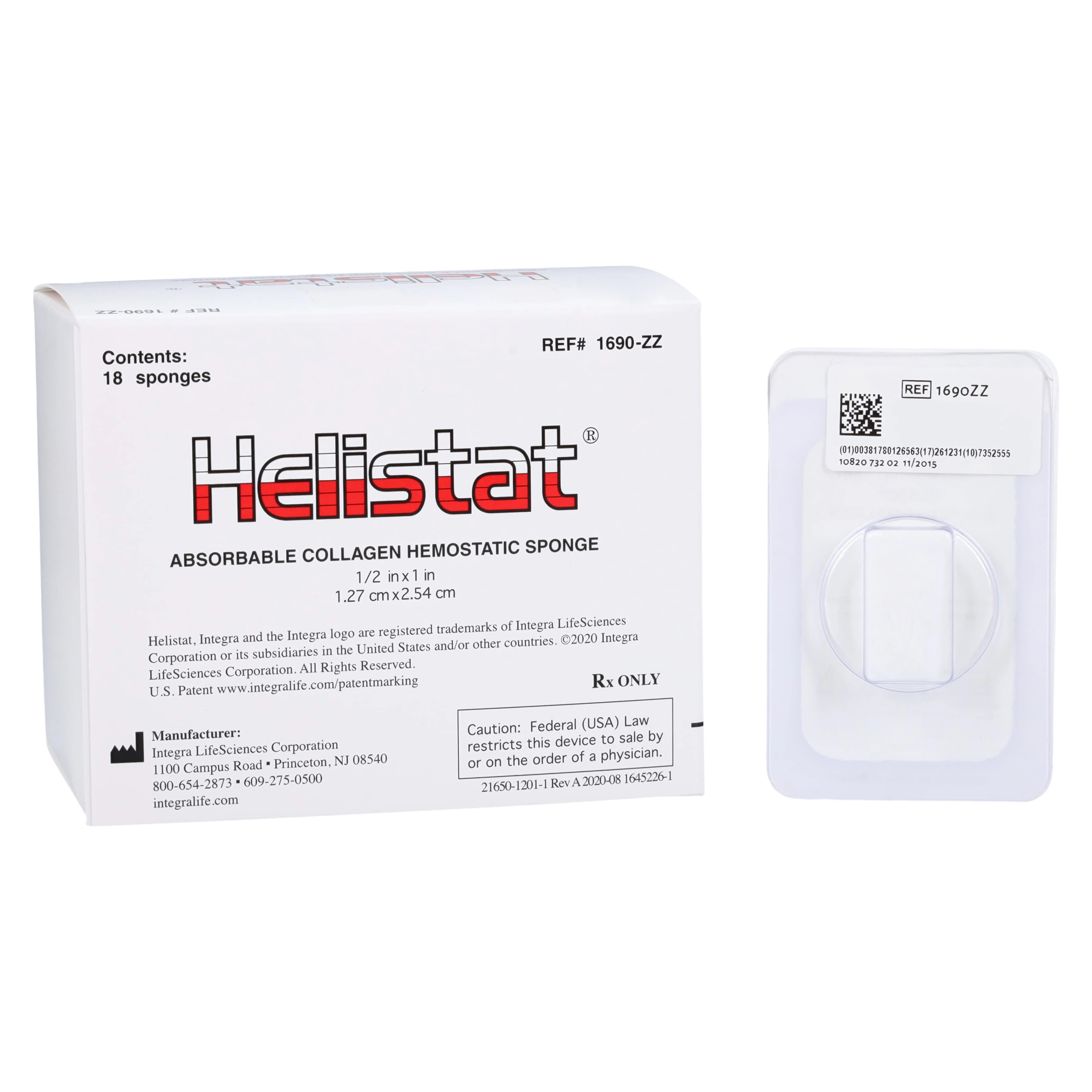 Helistat Absorbable Collagen Hemostatic Sponge, 1/2" x 1", Sterile, 18/Box, 1690ZZ
