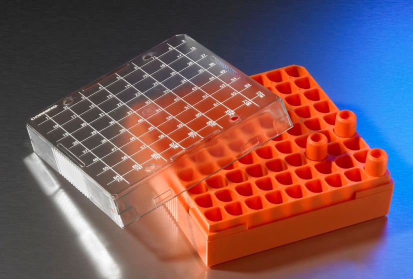 Corning Cryogenic Vial Storage Box, Polycarbonate, 81-Place, Orange, 5-1/4 x 5-1/4 x 2 in, 10/Pk