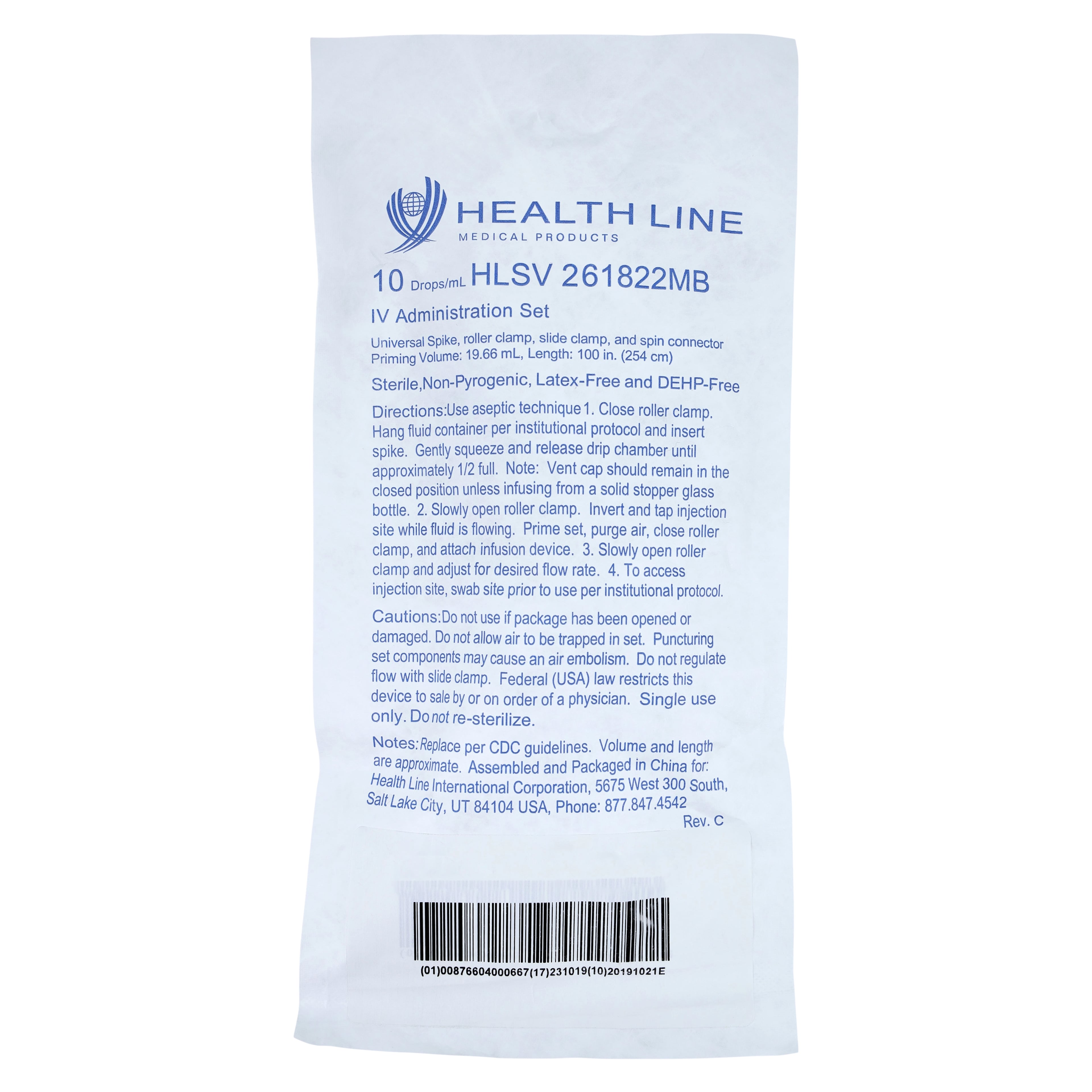 Healthline IV Administration Set, Primary, 88" Tubing, Needleless Y-Injection Site, 10 Drops/mL, 19.8 mL Priming Volume, 50/Box