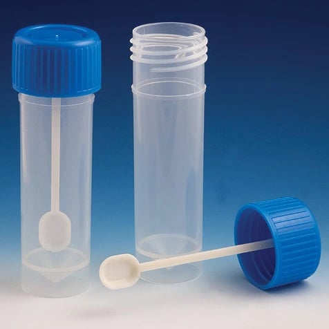 Globe Scientific Fecal Specimen Container with Spoon, 30mL, Polypropylene, Non-Sterile, Clear, Conical Bottom, Self-Standing, 500/Case