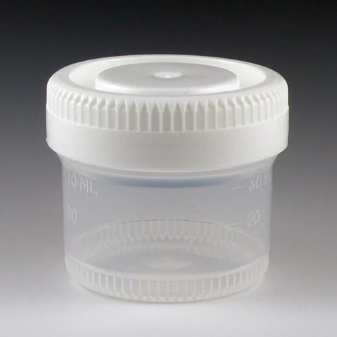 Globe Scientific Tite-Rite Specimen Container, 40mL, Polypropylene, Non-Sterile, Molded Graduations, Separate Screw Cap, Clear/White, 48mm Opening, 600/Case