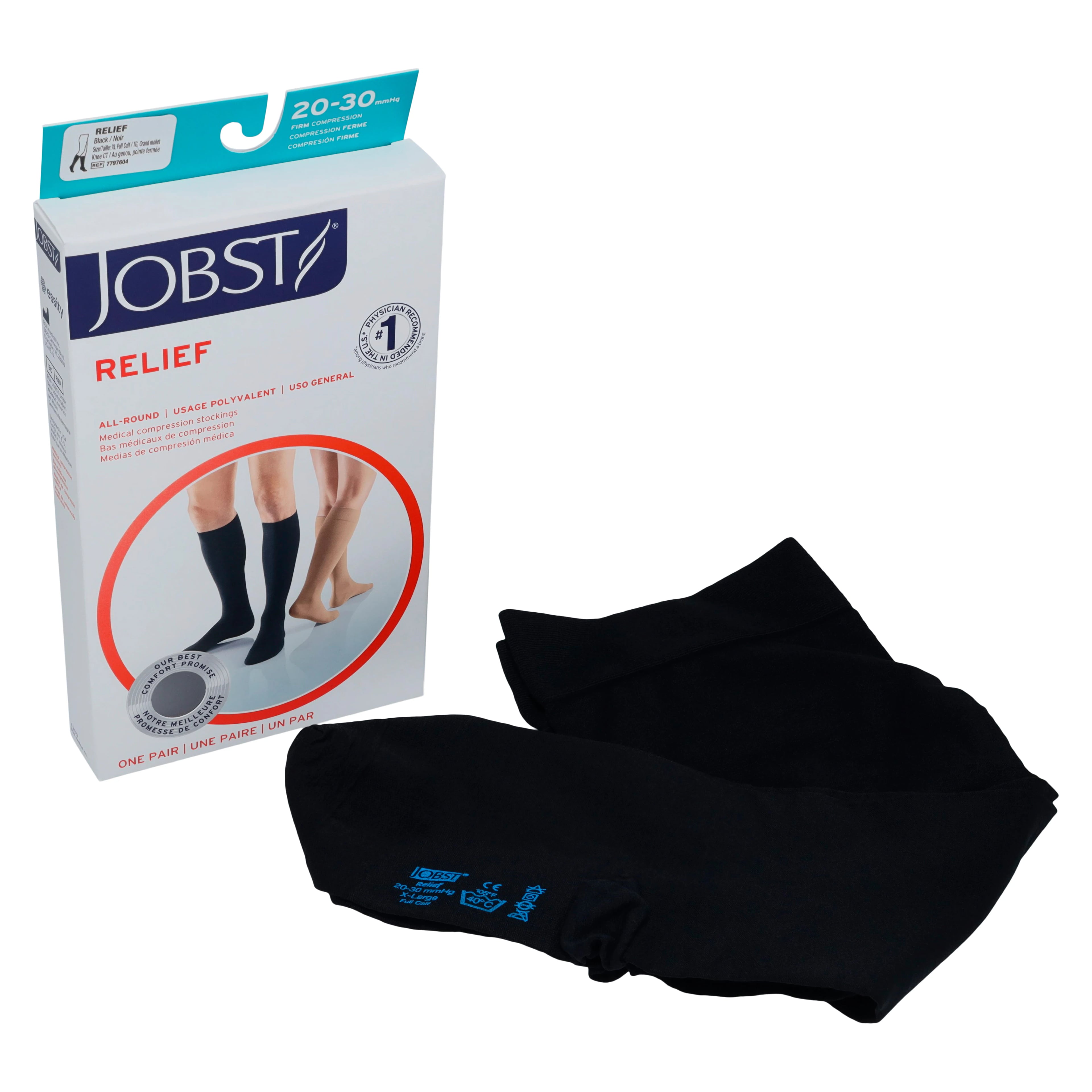 BSN Medical Relief Compression Socks, Knee High/Full Calf, Closed Toe, 20-30 mmHg, XL, Black