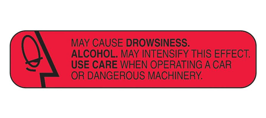 Health Care Logistics 'May Cause Drowsiness' Pharmacy Warning Label, Red/Black, 1-5/8" x 3/8", 1000/Roll