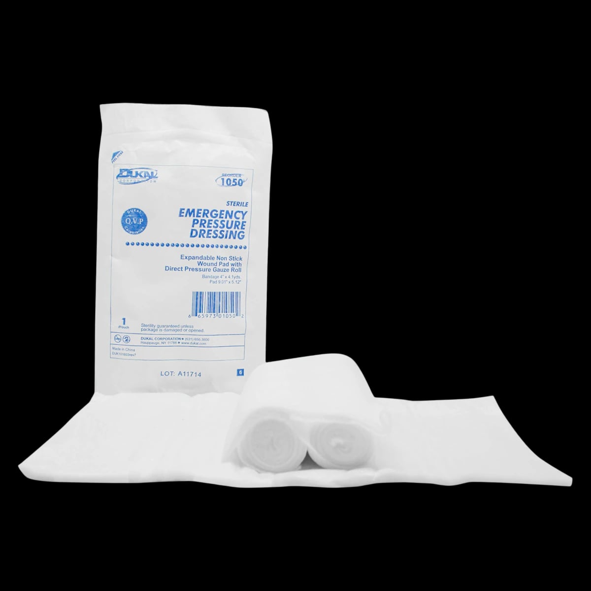 Dukal Emergency Pressure Dressing, Sterile, 4" x 4.1 yd, Cotton, Adherent, Absorbent