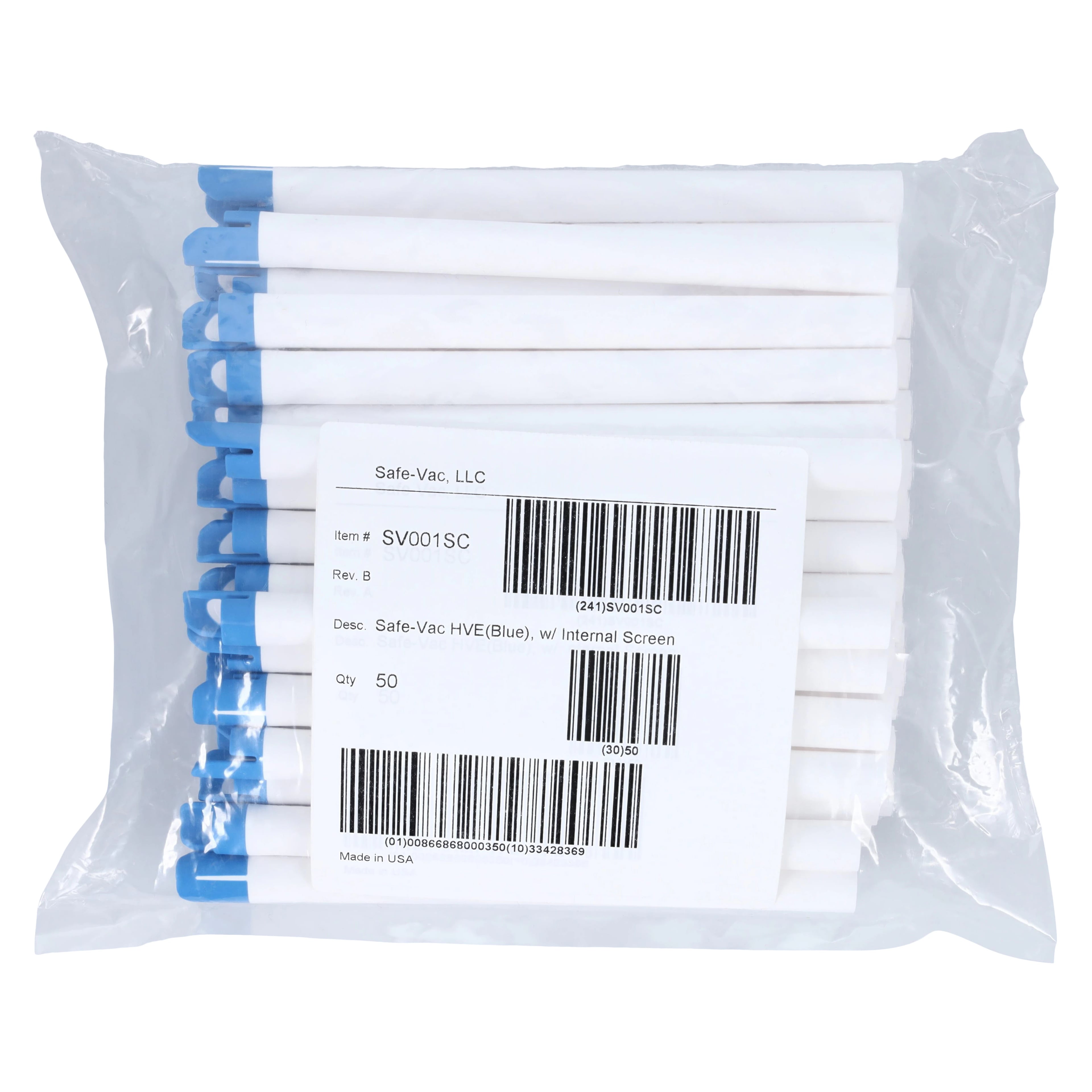 Safe-Vac HVE Tip with Blue Tip, Screened, Disposable, 50/Bag, SV001SC