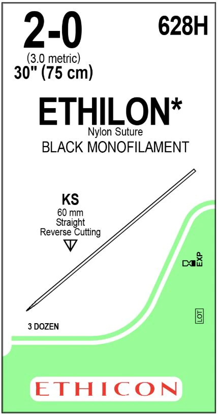 Ethicon Ethilon Nylon Suture, 2-0, 30" Black Monofilament, KS Straight Needle, 36/Box, 628H