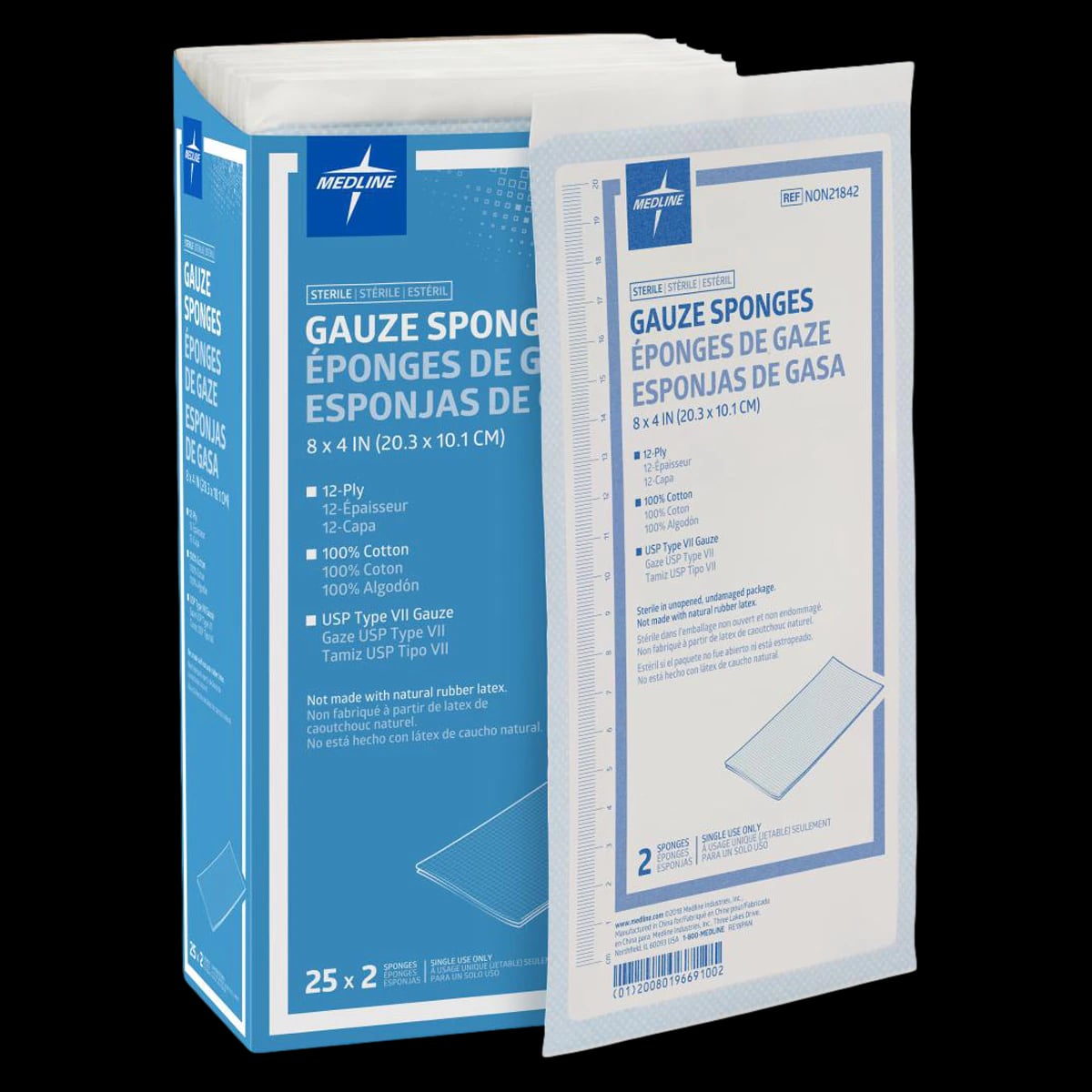 Medline 100% Cotton Woven Gauze Sponge, 8x4", 12 Ply, Sterile, USP Type VII, Latex-Free