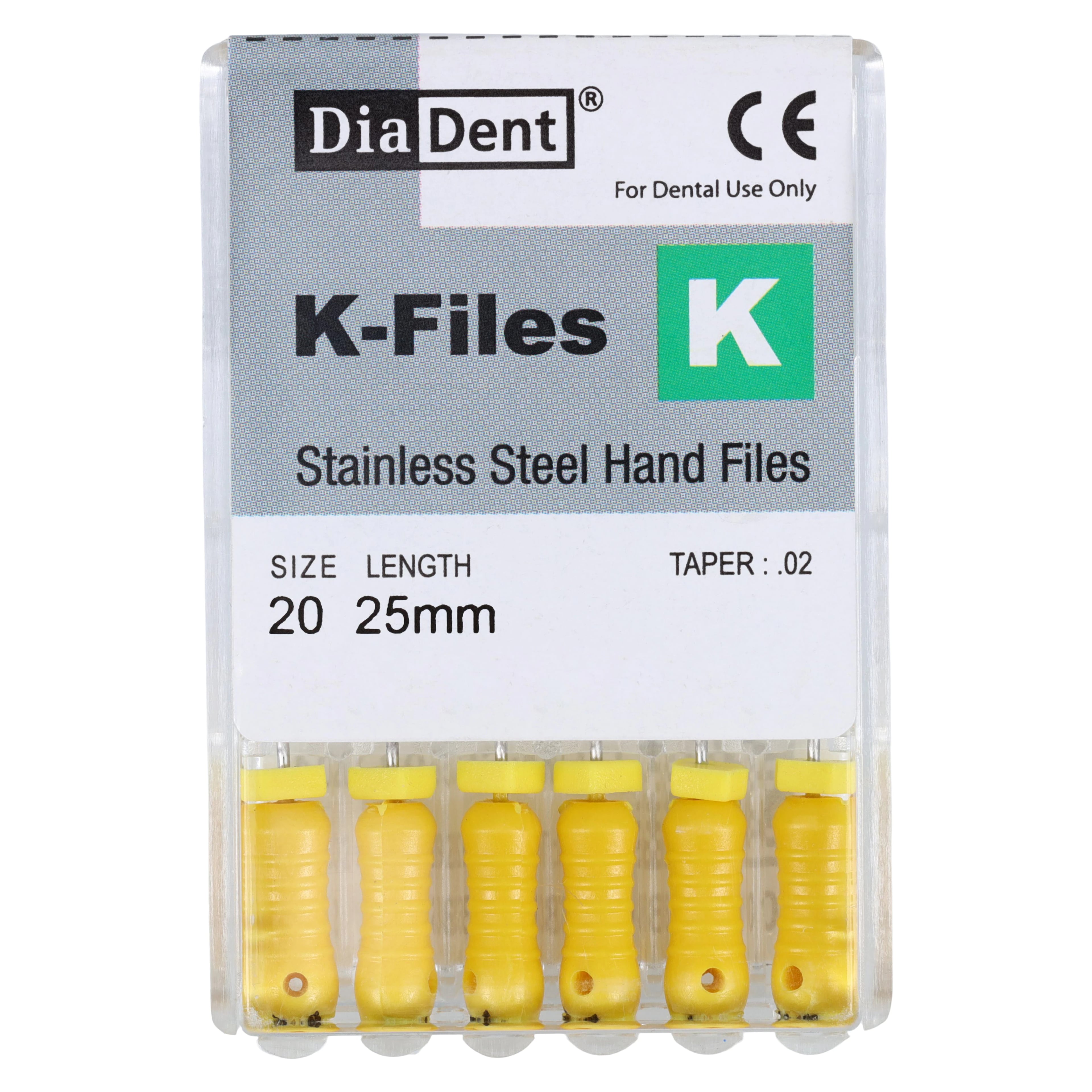 #20 Yellow DiaDent K-Files, 25mm, Stainless Steel, 6/Pack
