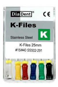 #15-40 Assorted DiaDent K-Files, 25mm, Stainless Steel, Color Coded, 6/Pack