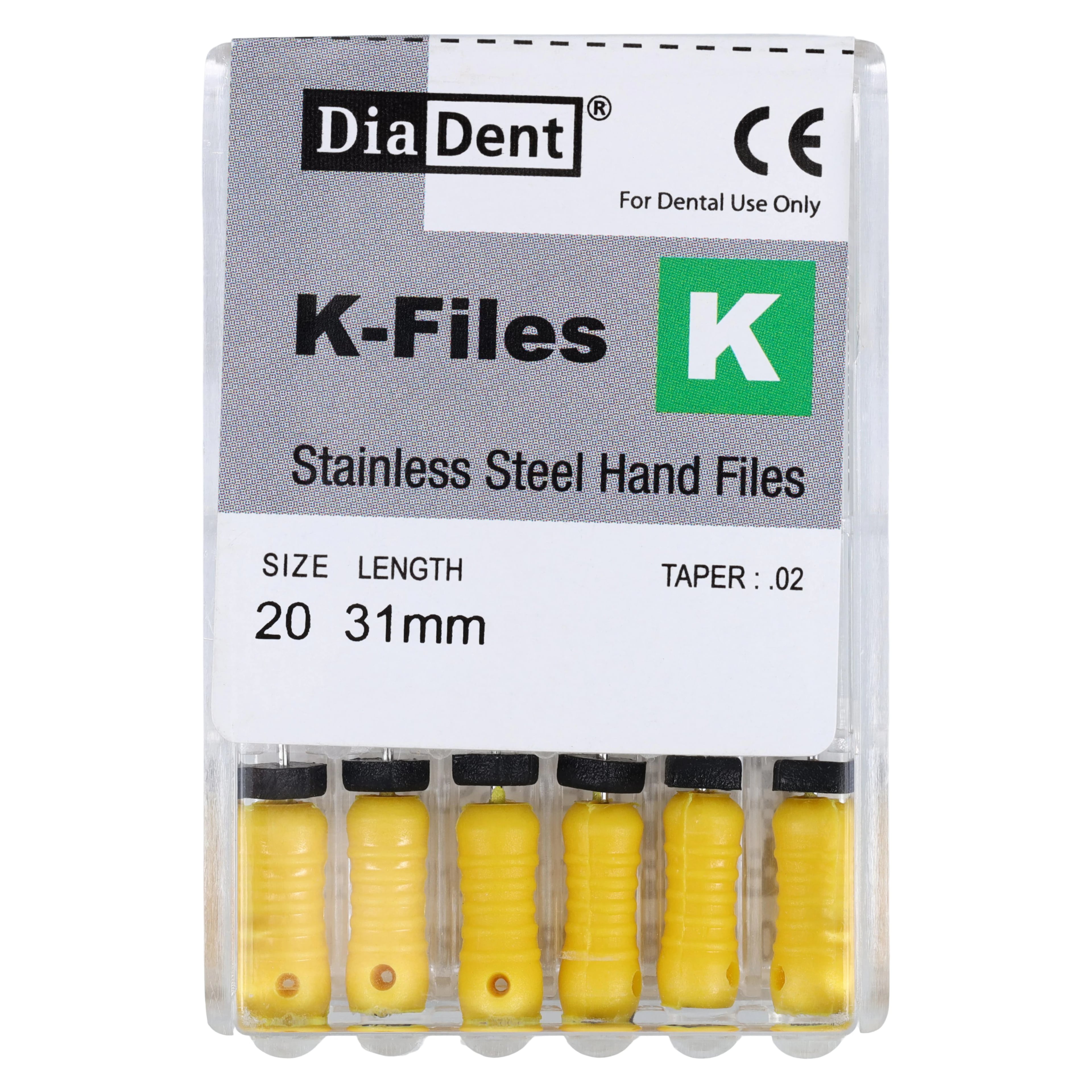 #20 Yellow DiaDent K-Files, 31mm, Stainless Steel, 6/Pack
