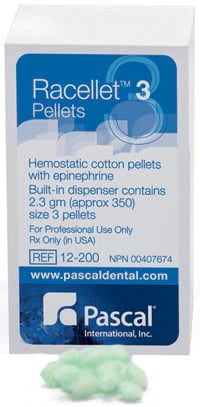 Pascal Racellet Hemostatic Cotton Pellets #3, 0.55 mg Racemic Epinephrine HCl, Green, 350/Box, 12-200