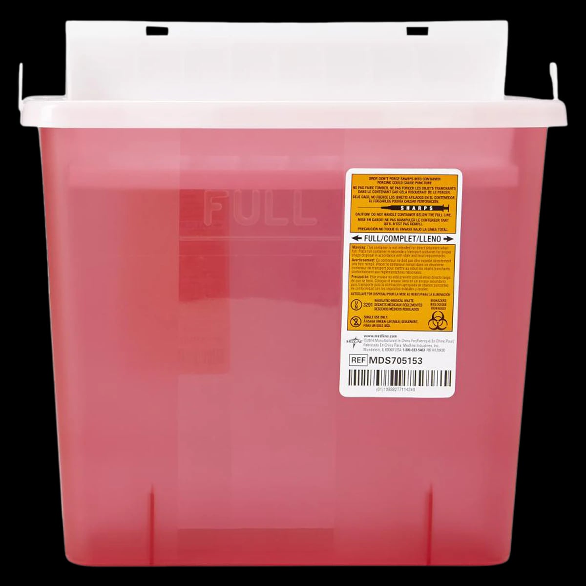 Medline Sharps Container, 5 Qt, Translucent Red, Counterbalanced Locking Lid, 23.25x19.25x12.25", Wall Mount/Countertop, 20/Case