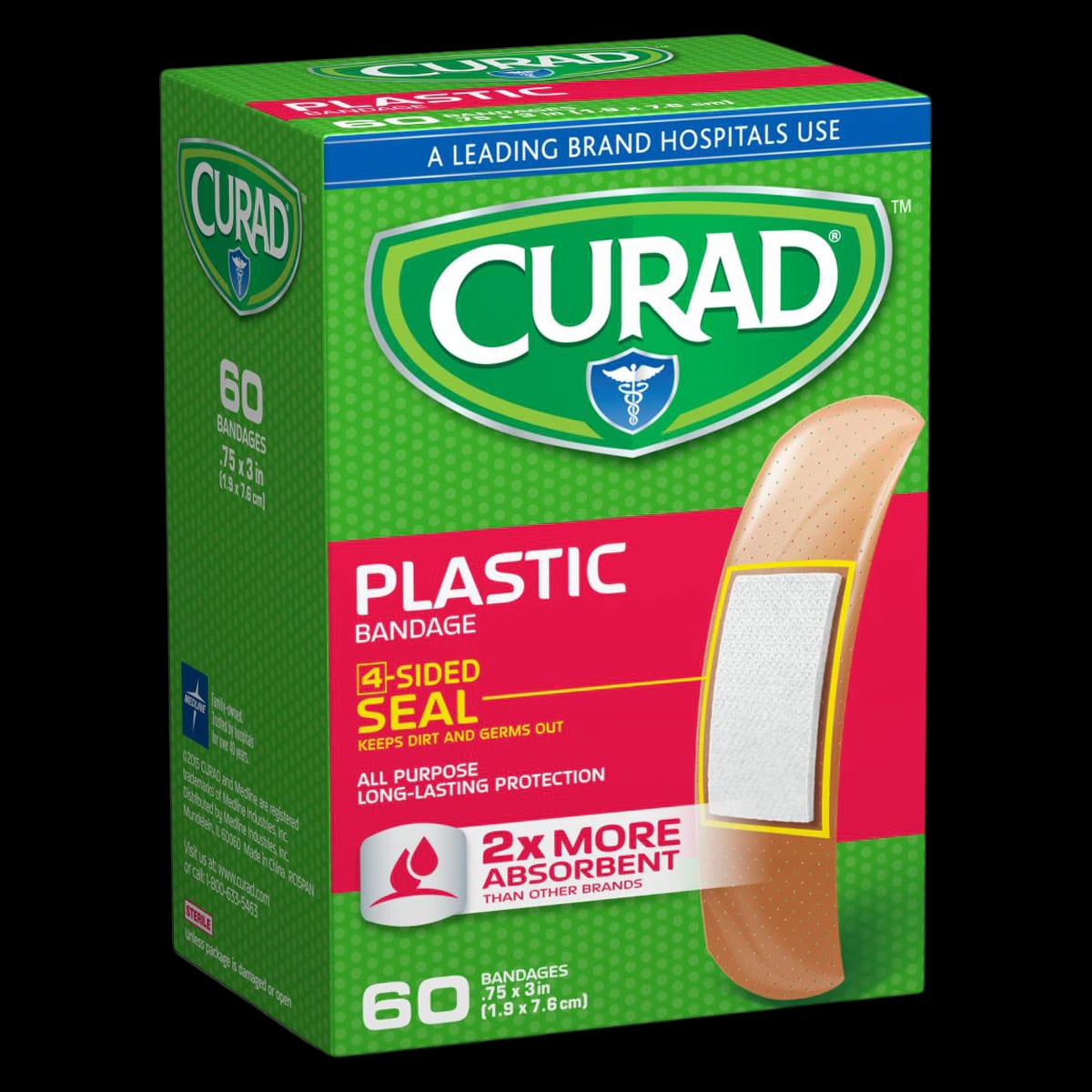 Curad Plastic Adhesive Bandages, 3/4" x 3", Tan, Sterile, 60 per Box, 48 Boxes per Case