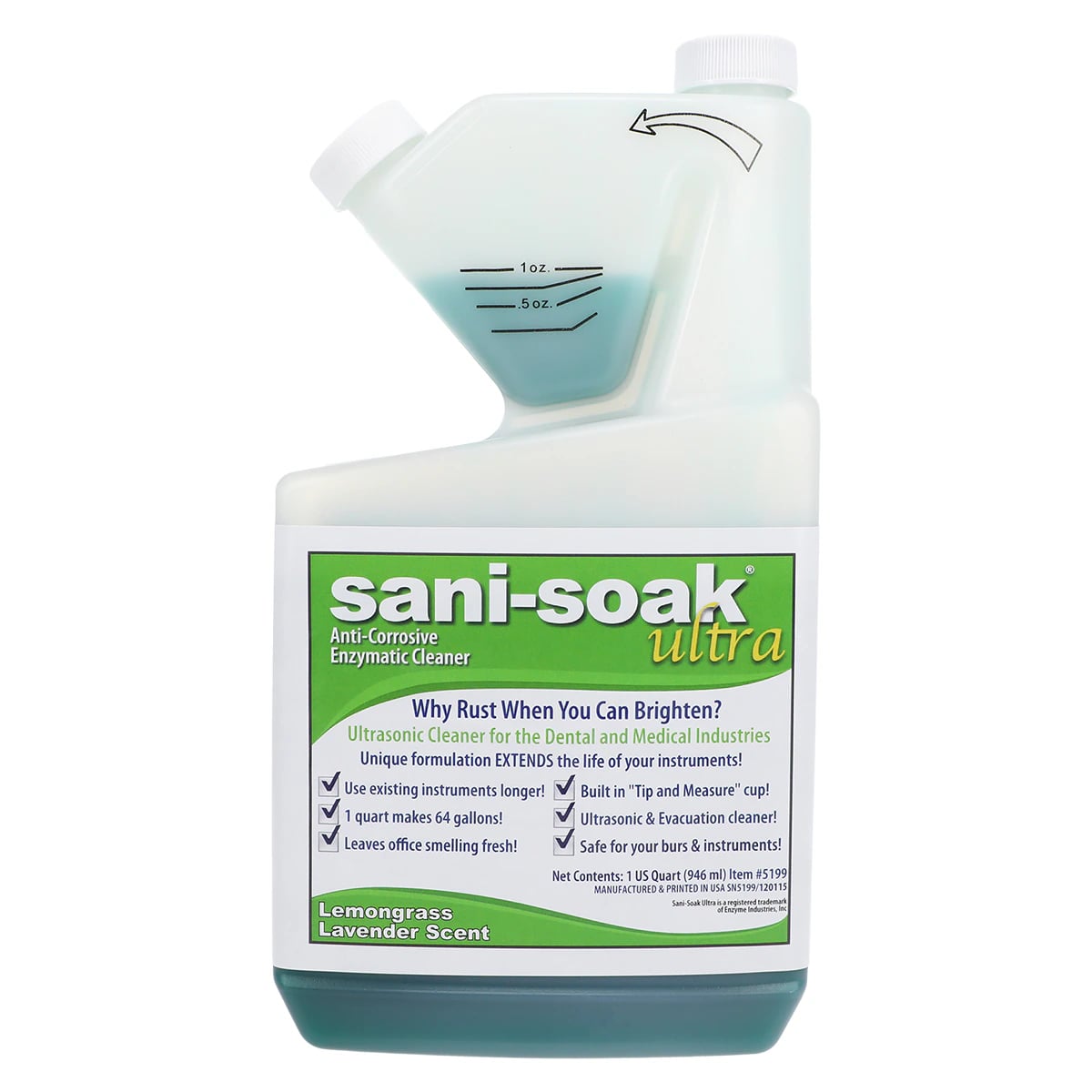 Sani-Soak Ultra Enzymatic Ultrasonic Cleaner, Lemongrass, 1 qt (946 mL) Bottle, 12/Case