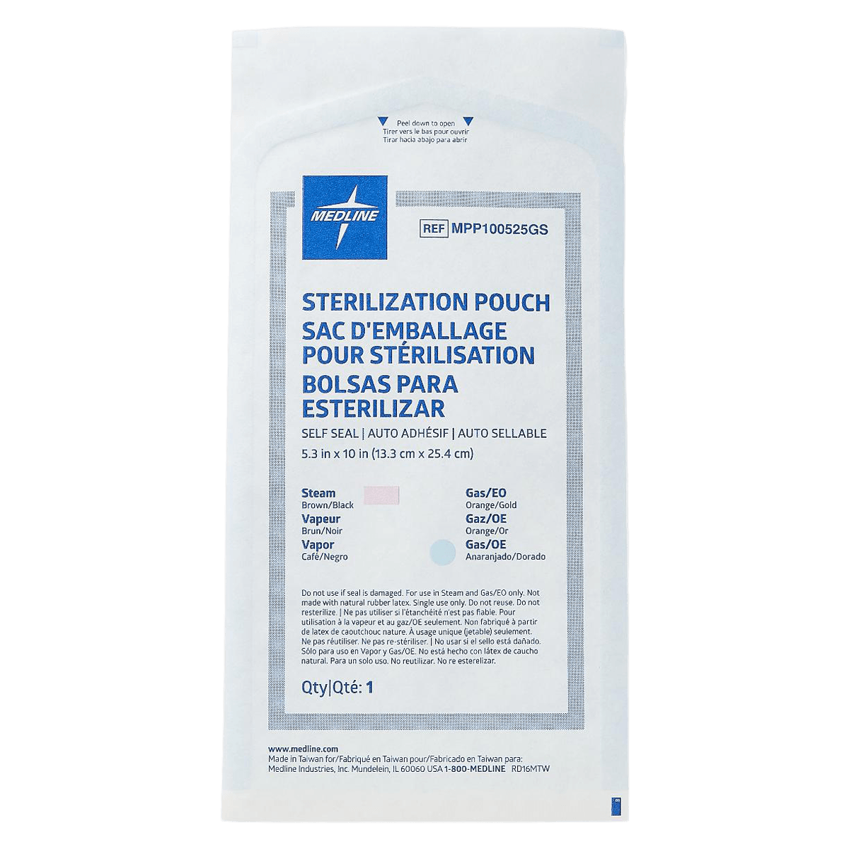 Medline Sterilization Pouch, Self-Seal, 5.25 in x 10 in, White/Blue, Latex-Free, 2000/Case