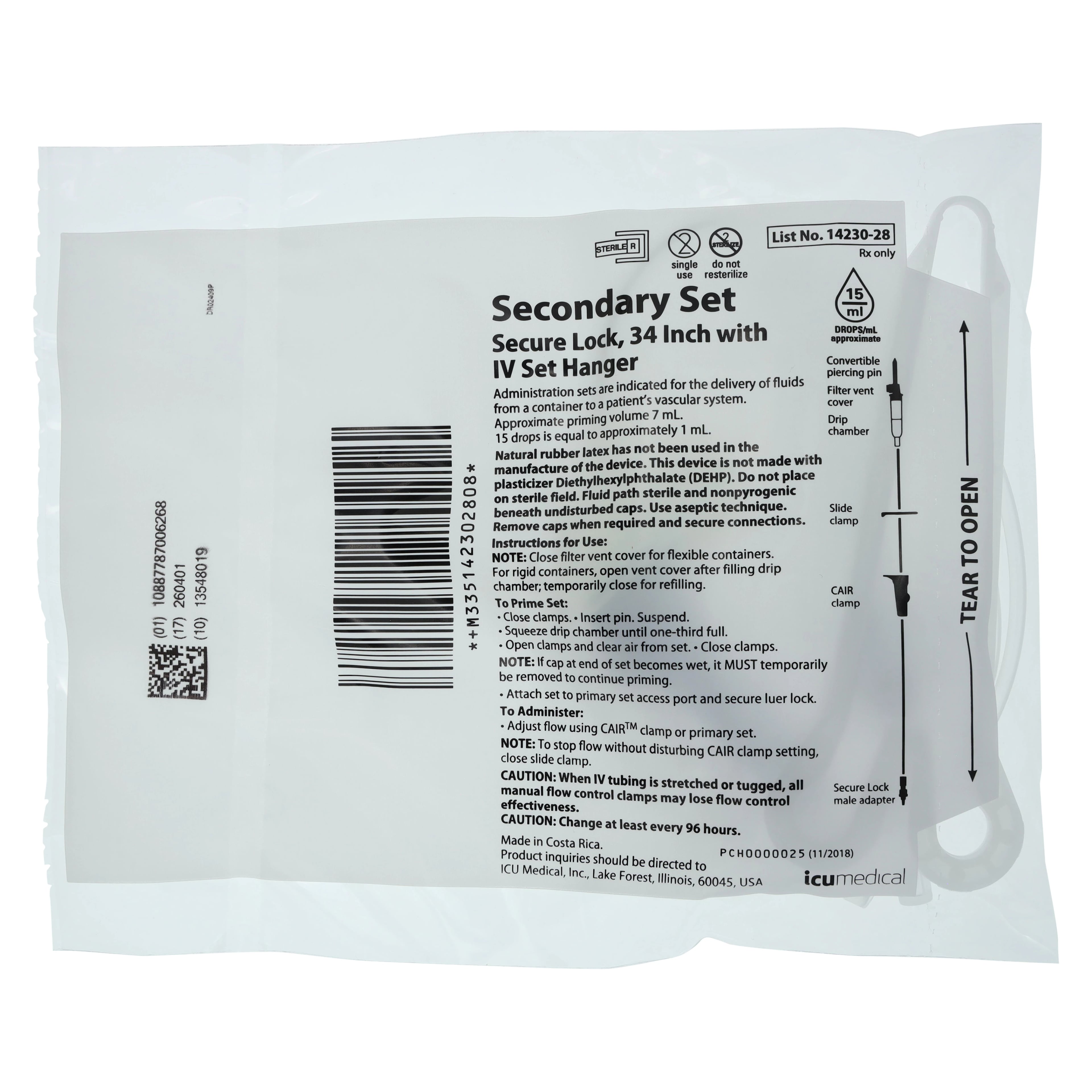 ICU Medical Option-Lok Secondary IV Tubing with Extension Hook, 15 Drops/mL, 34" Male Luer Lock, Latex-Free, 50/Case