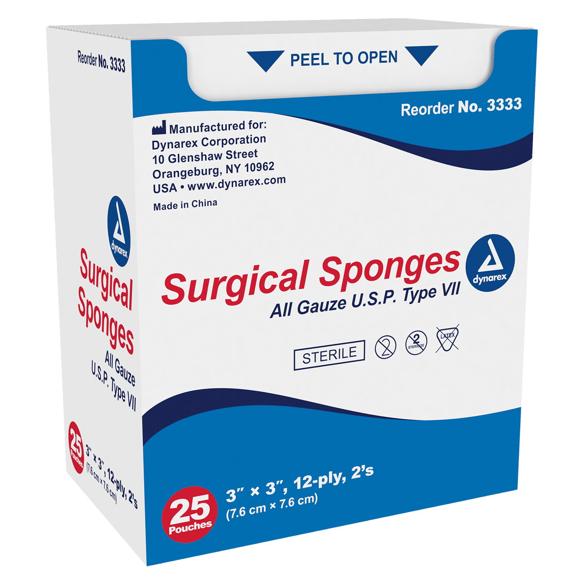 Dynarex Gauze Sponge, Sterile, 12-Ply, 3"x3", 100% Cotton, 1200/Cs, #3333