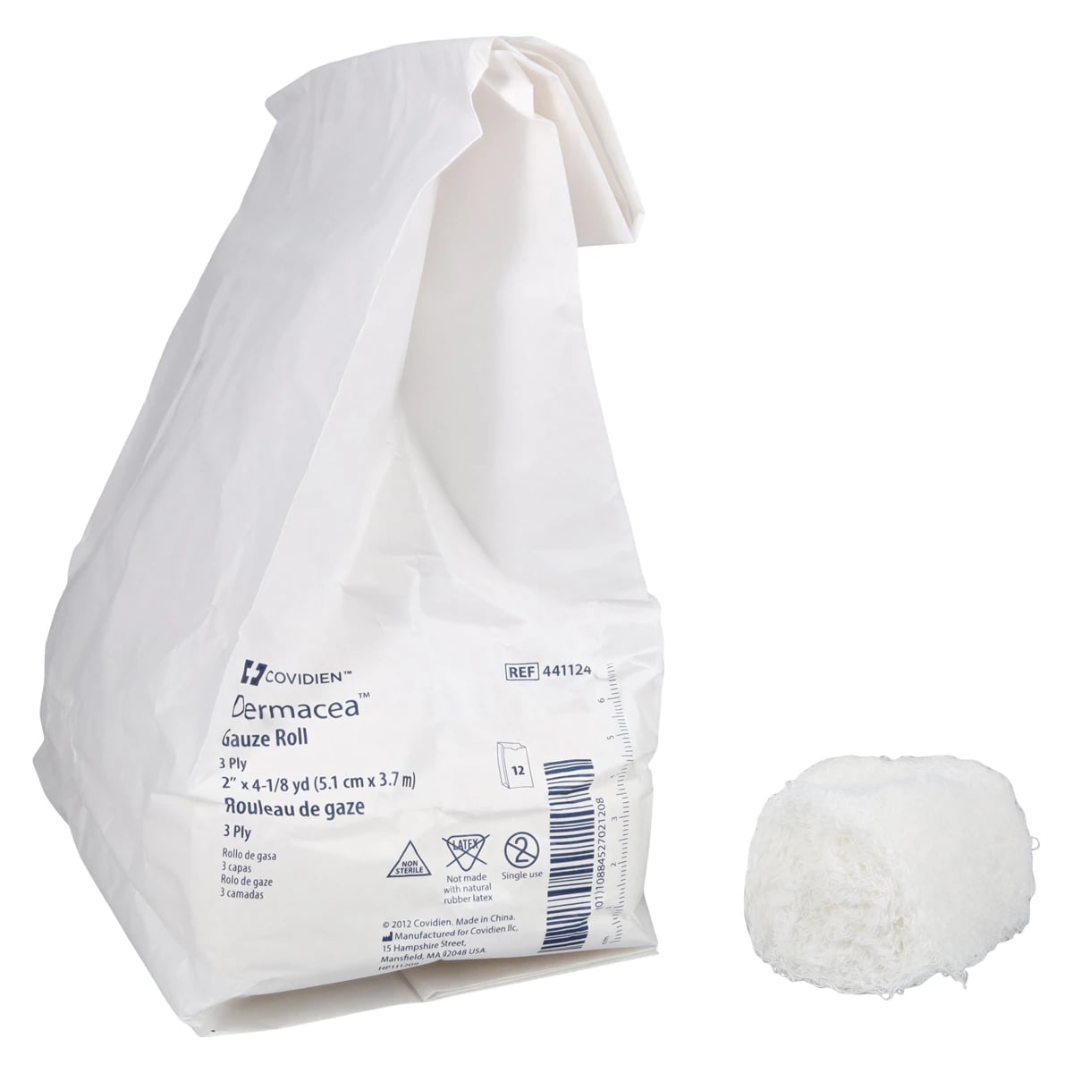 Dermacea Gauze Bandage Cotton Fluff, 2" x 4 yd, 3 Ply, Non-Sterile, 12 Rolls/Box