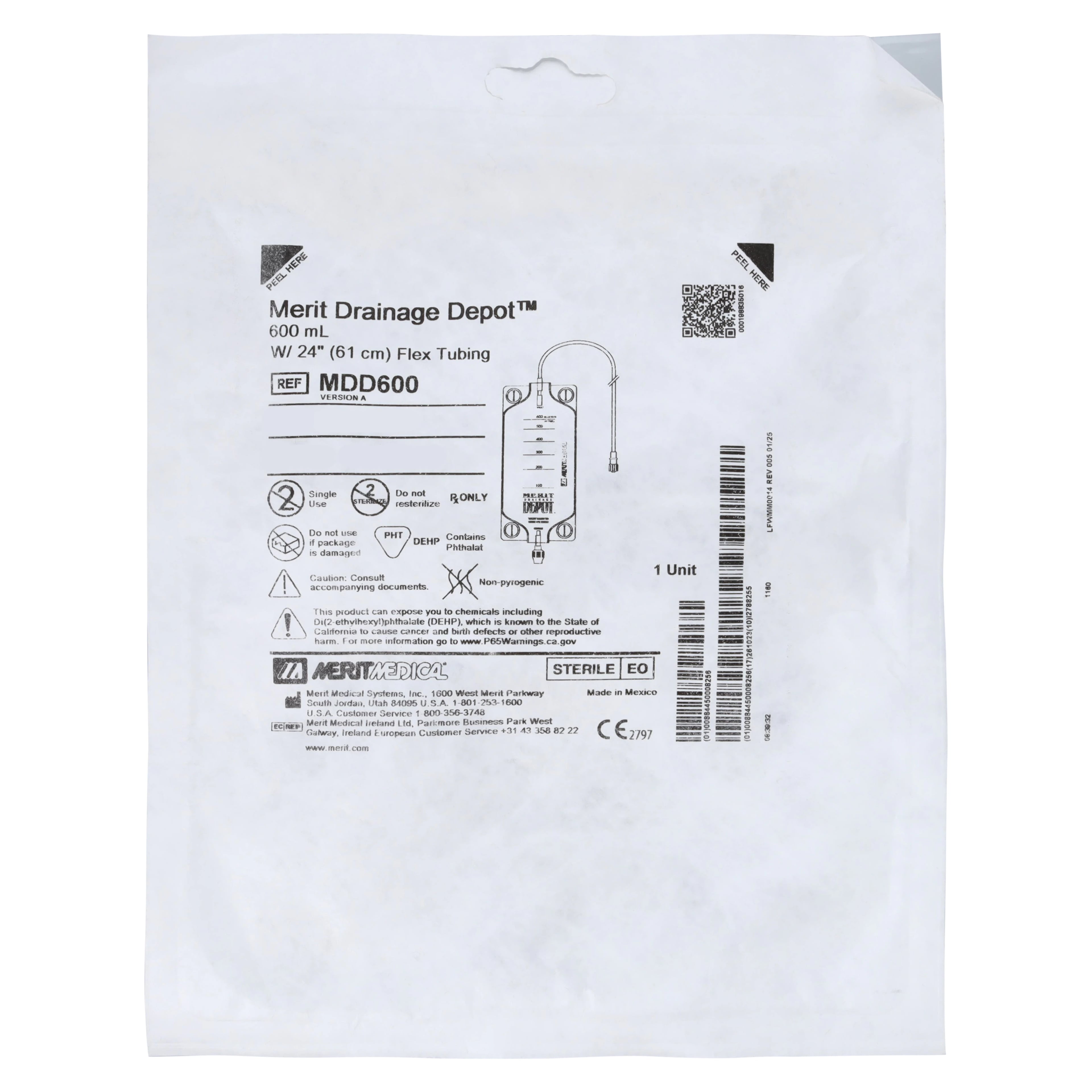 Merit Medical Systems Nephrostomy Drainage Bag, 600cc, Disposable