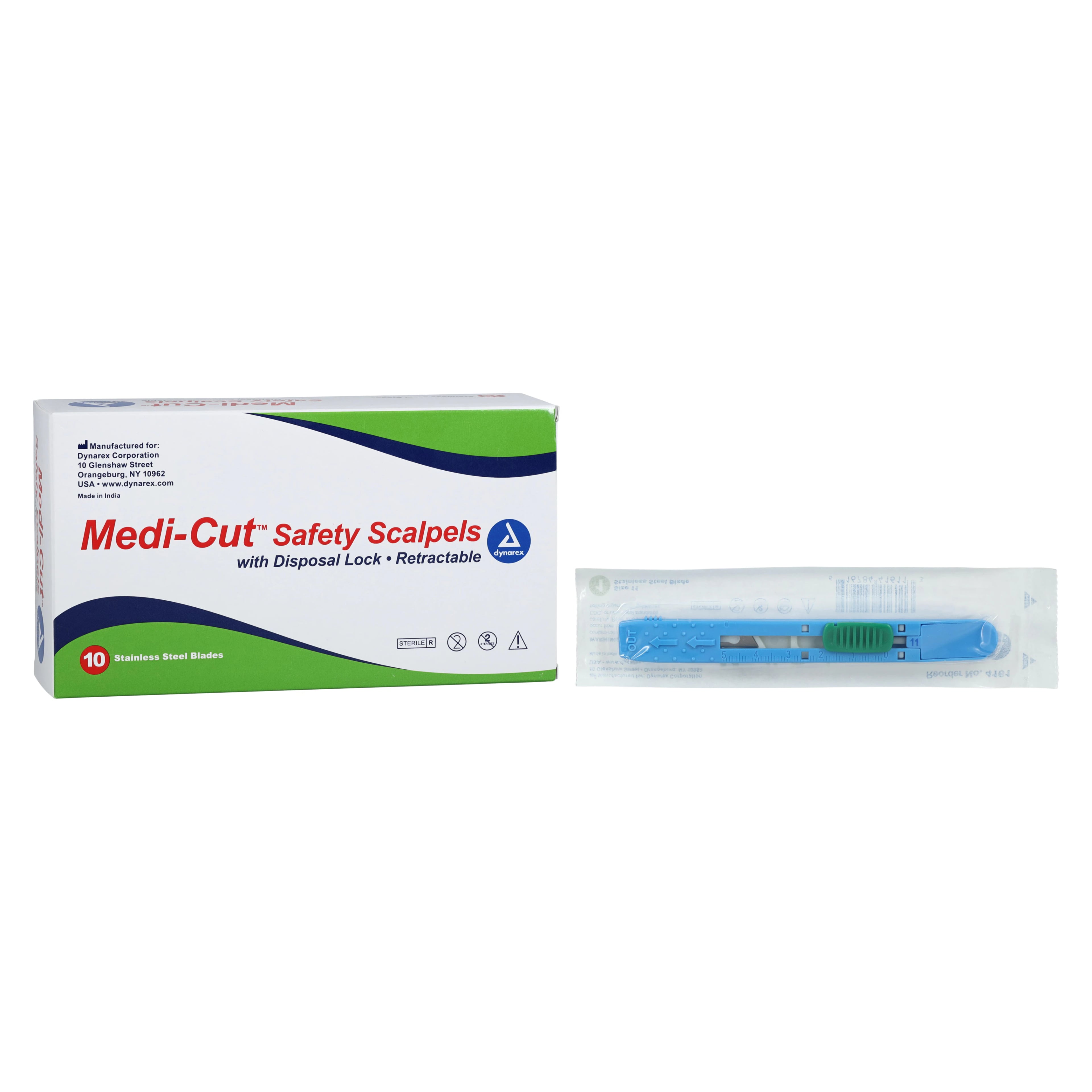 Dynarex Medicut #11 Stainless Steel Surgical Scalpel Blade with Plastic Handle, Sterile, Retractable Safety, 10/Pk, #4161