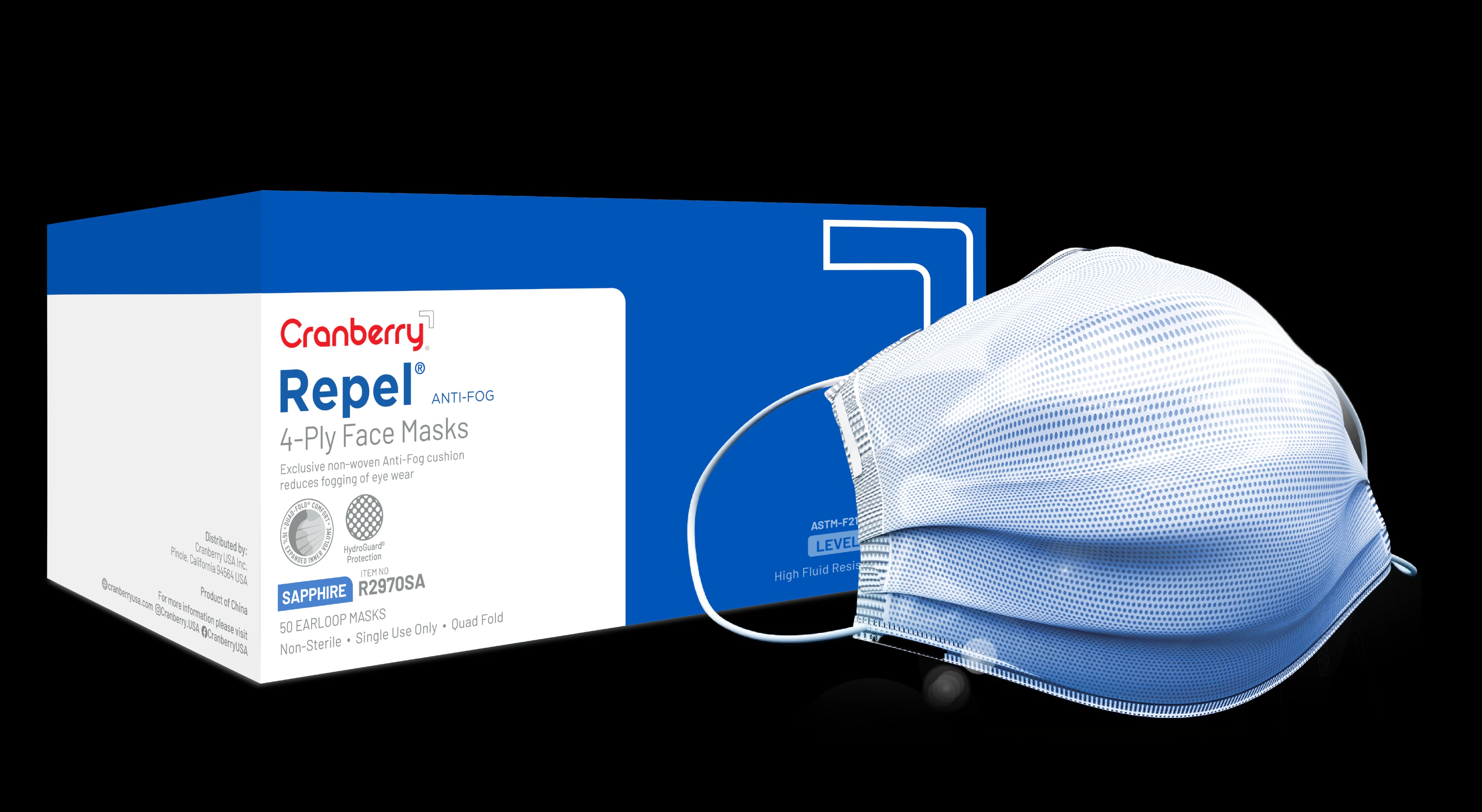 Cranberry Repel Anti-Fog 4-Ply Earloop Face Mask, ASTM Level 3, Sapphire, 50/Box, R2970SA