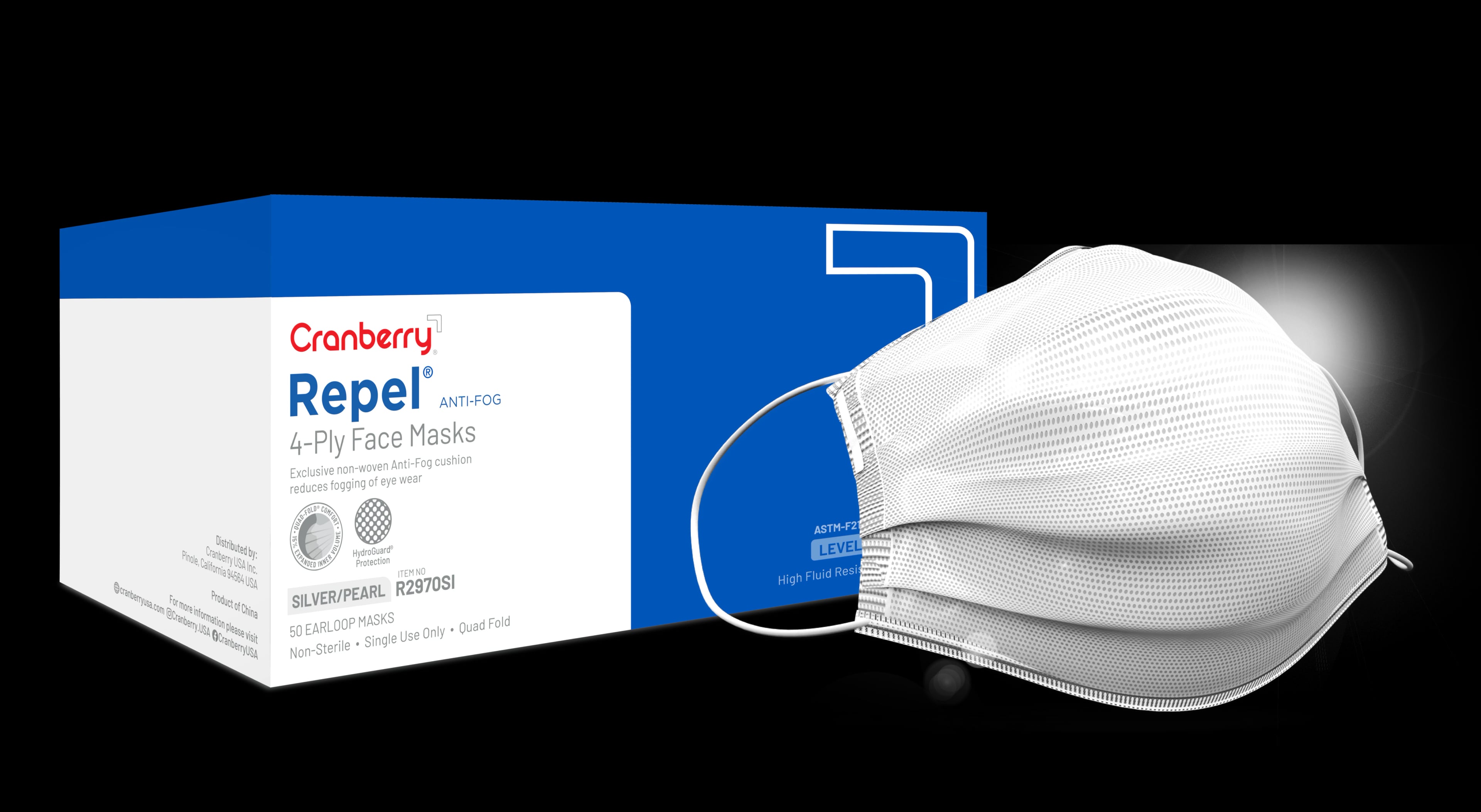 Cranberry Repel 4-Ply Anti-Fog Earloop Face Mask, ASTM Level 3, Pearl Silver, 50/Box, R2970SI