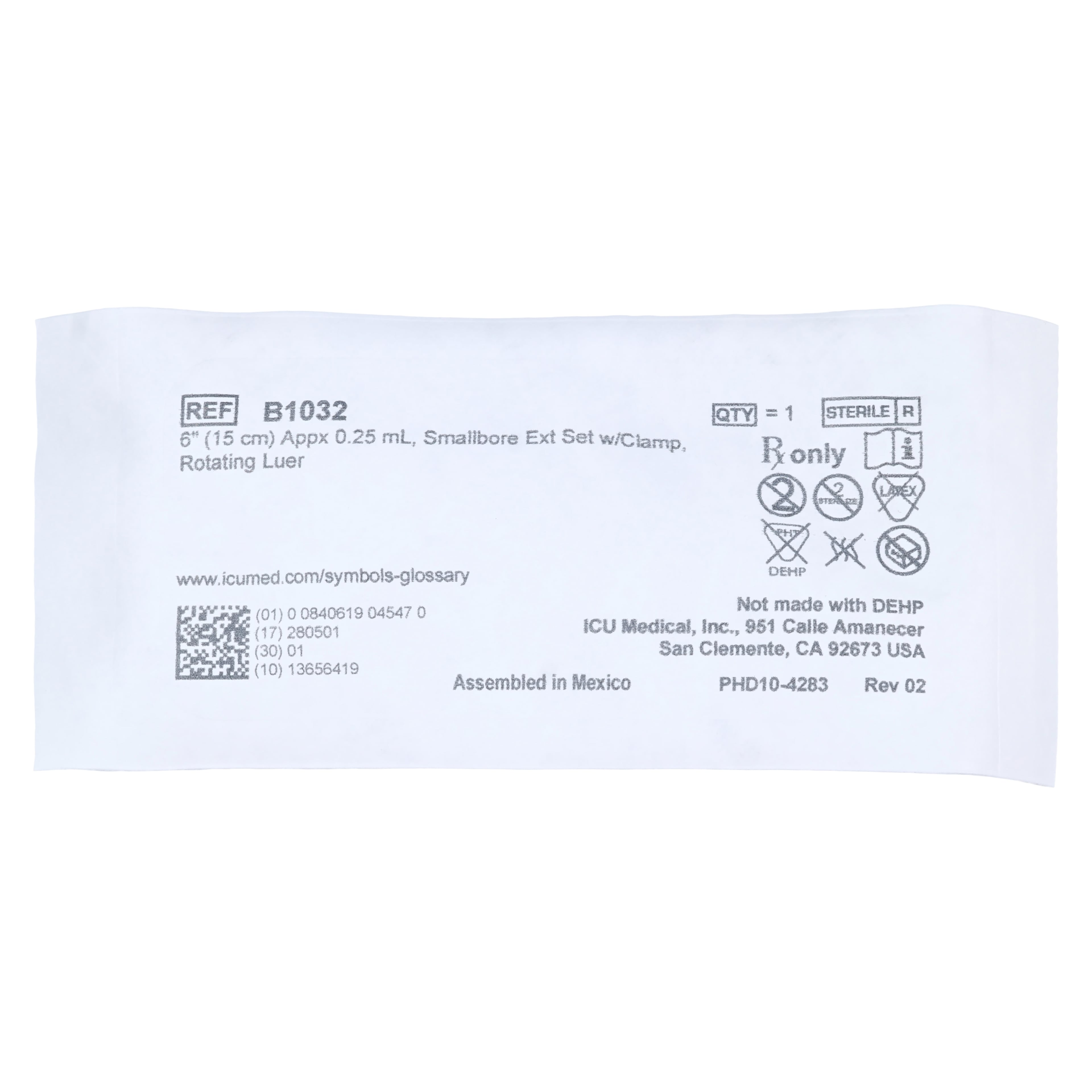 ICU Medical IV Extension Set, Small Bore, Needleless, 6" with Rotating Adapter, Slide Clamp, Non-DEHP, Clear, 50/Case