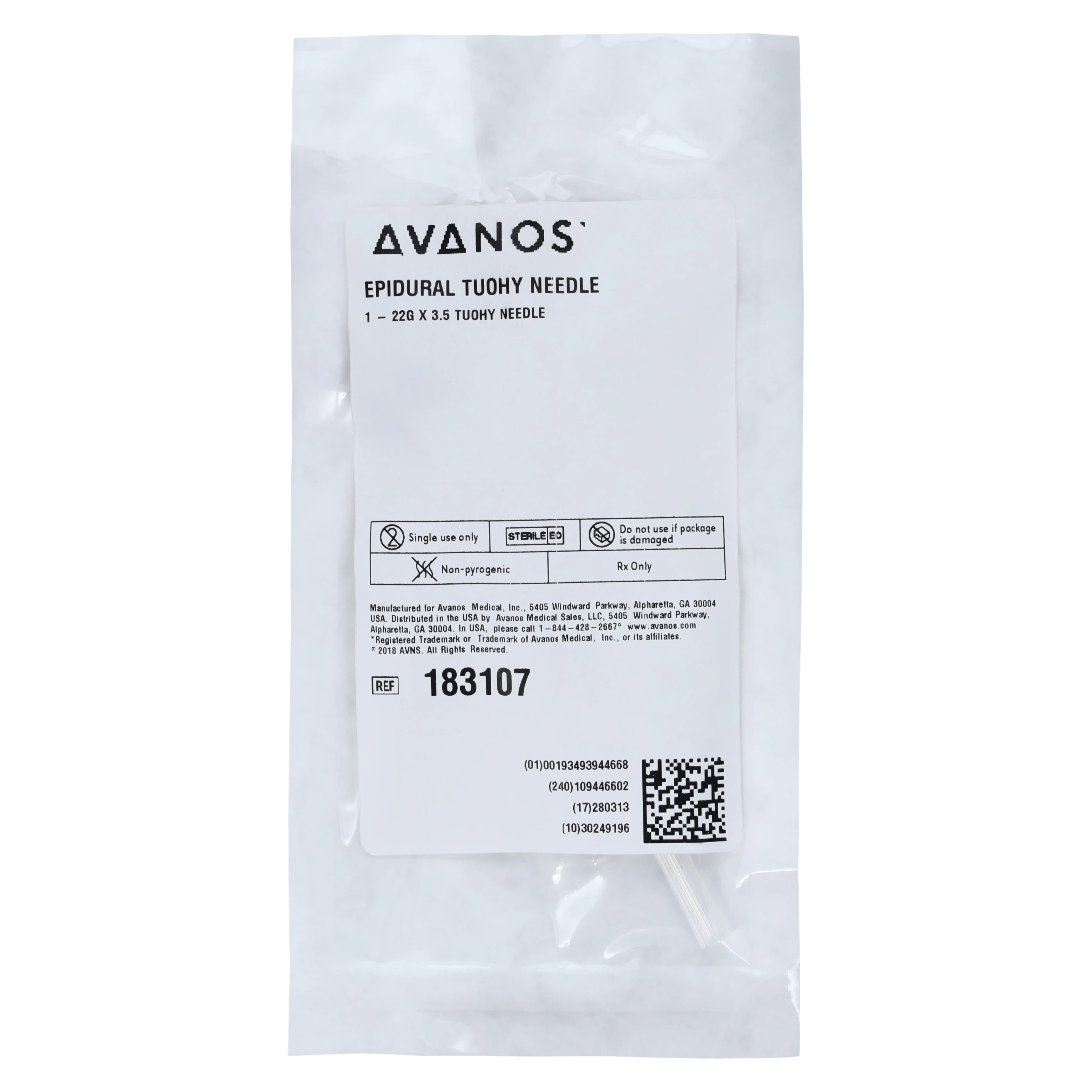 Avanos Medical Tuohy Spinal Needle, 22G x 3.5", Sterile