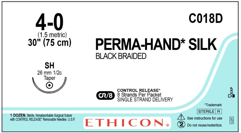 Ethicon Perma-Hand Silk Suture, 4-0, 30", Black Braided, SH Taper Point 1/2 Circle Needle 26mm, Control Release, 12/Bx, C018D
