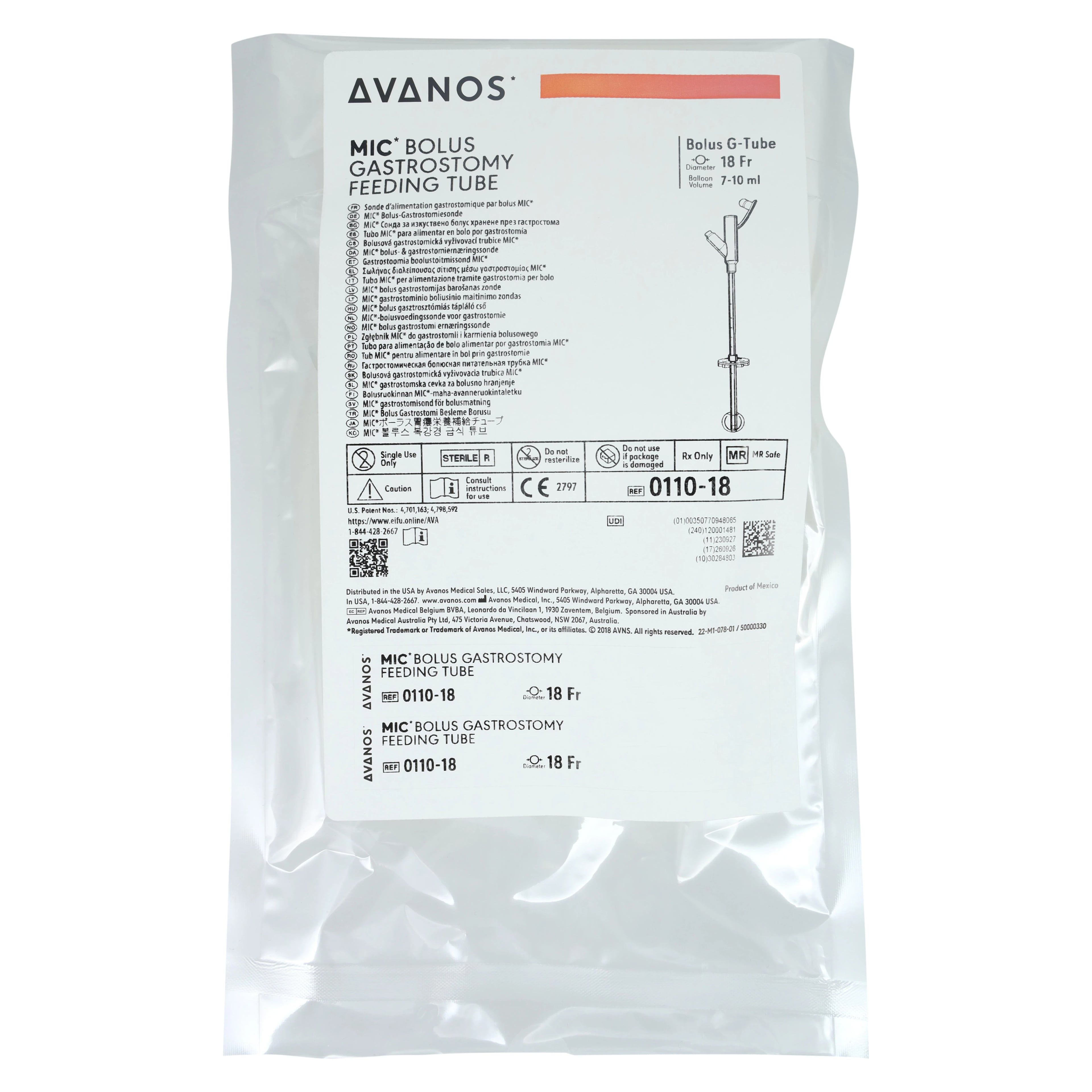 Avanos Medical MIC Gastrostomy Feeding Tube Bolus, 18Fr